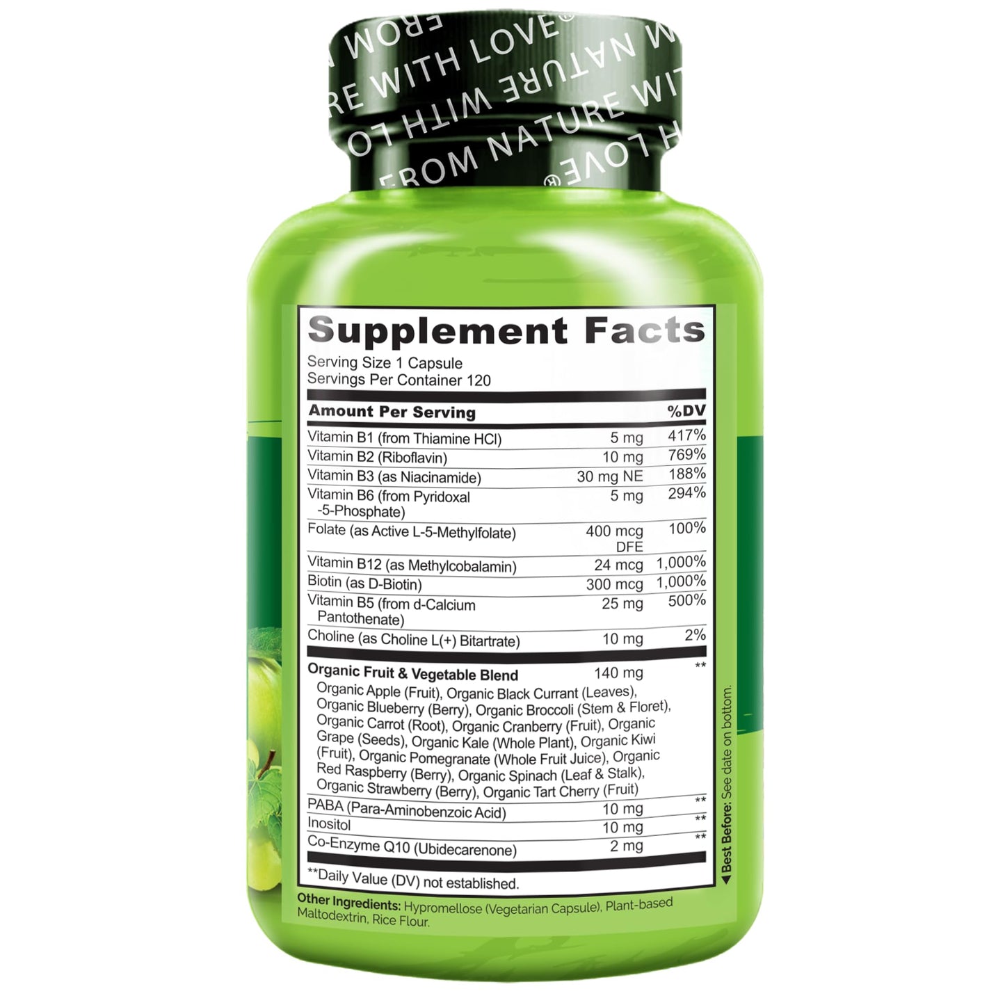 NATURELO Vitamin B Complex,120 Capsules, Vegan, CoQ10, Methyl Folate, Biotin, Fruit & Veg Blend, Supports Energy and Healthy Stress Response - Maple Wellness Supplements