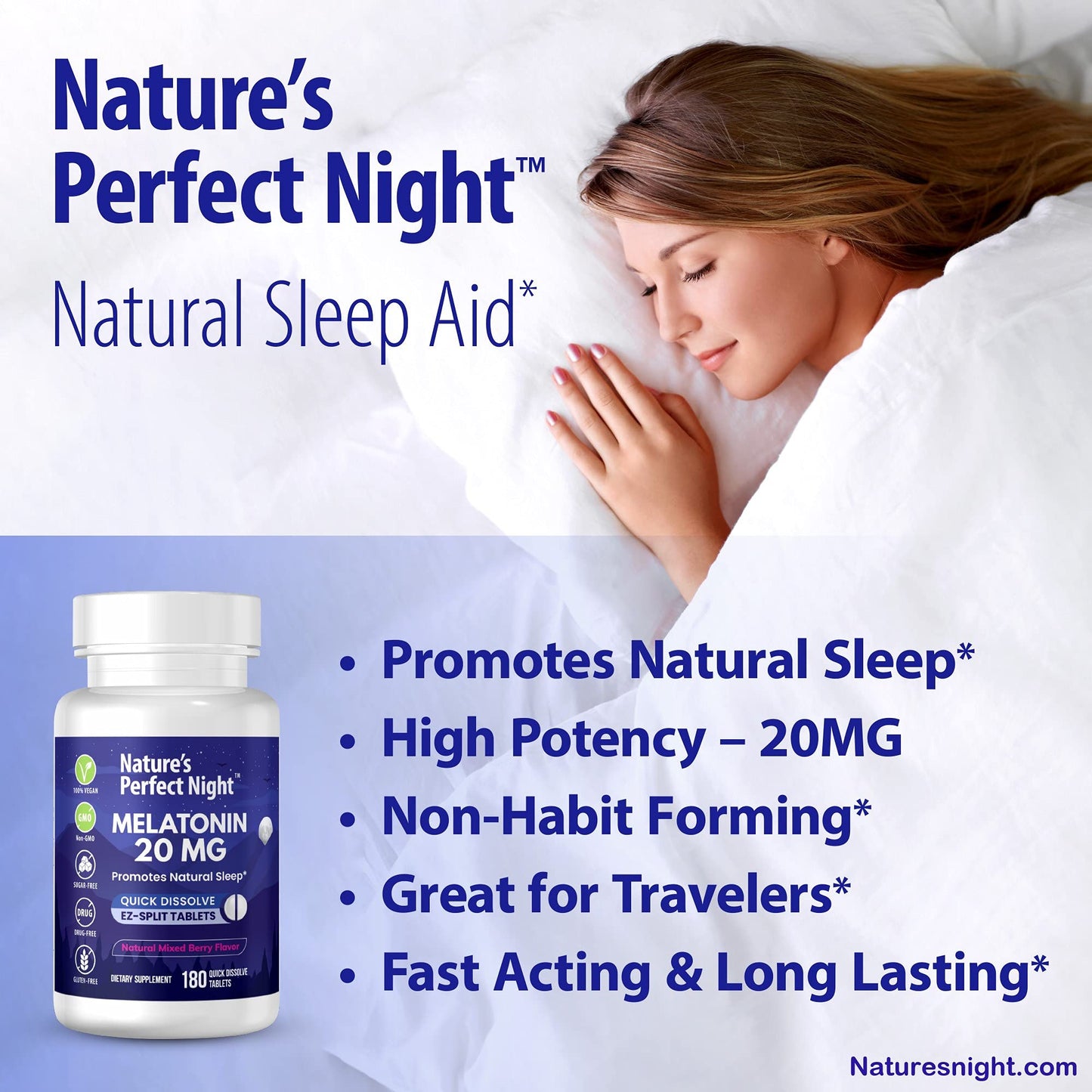 Nature's Perfect Night | Melatonin 20mg | 180 Quick Dissolve Tablets | Natural Mixed Berry Flavor |High Potency | Sugar Free - Maple Wellness Supplements