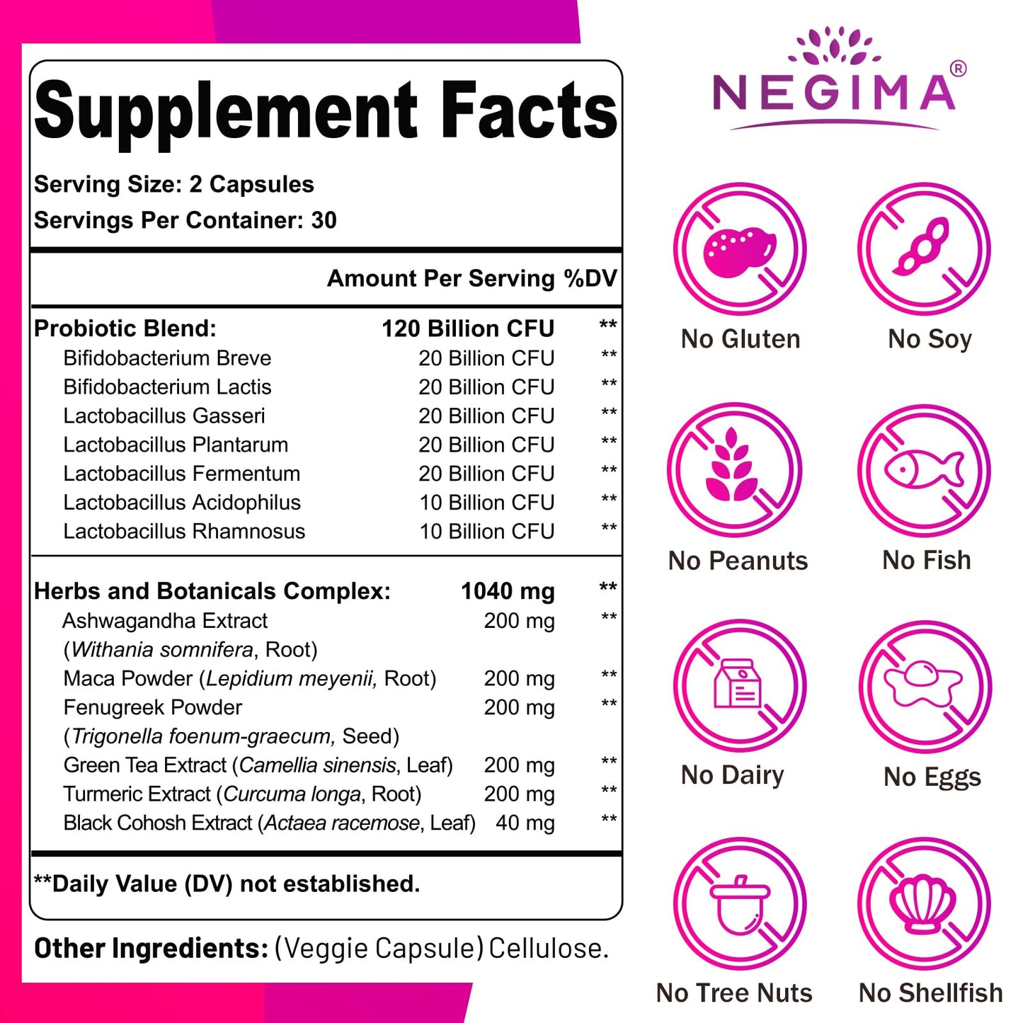 Negima Menopause Supplements for Women, 120 Billion CFUs Probiotics for Women, 13-in-1 Herbs & Botanicals Complex, for Menopause - 60 Caps - Maple Wellness Supplements