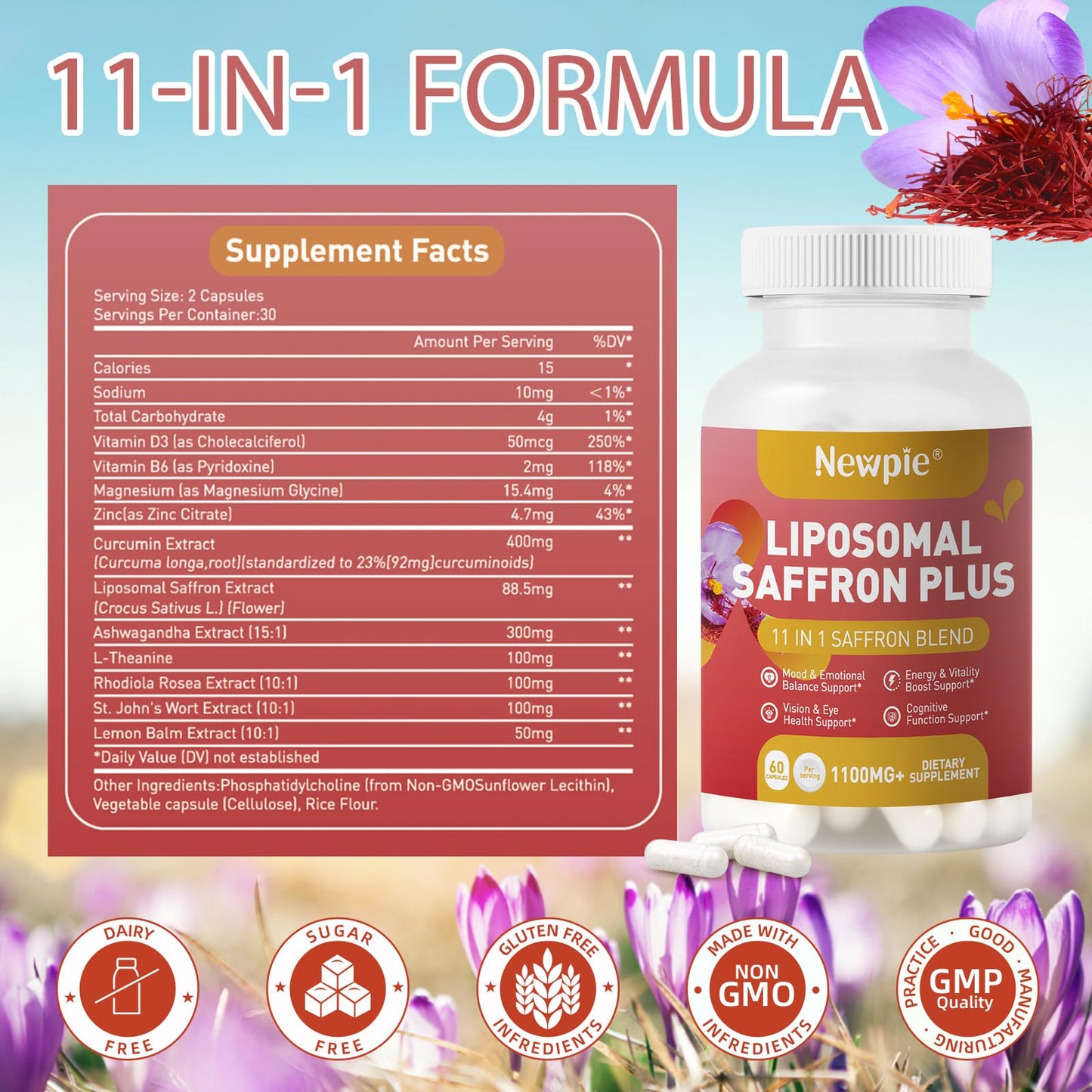 Newpie Saffron Supplements - 100% Pure Saffron Extract Capsules - Natural Mood Enhancer, Supports Eye & Heart Health, Boosts Energy - Premium Supplement for Women & Men(60 Servings (2) - Maple Wellness Supplements