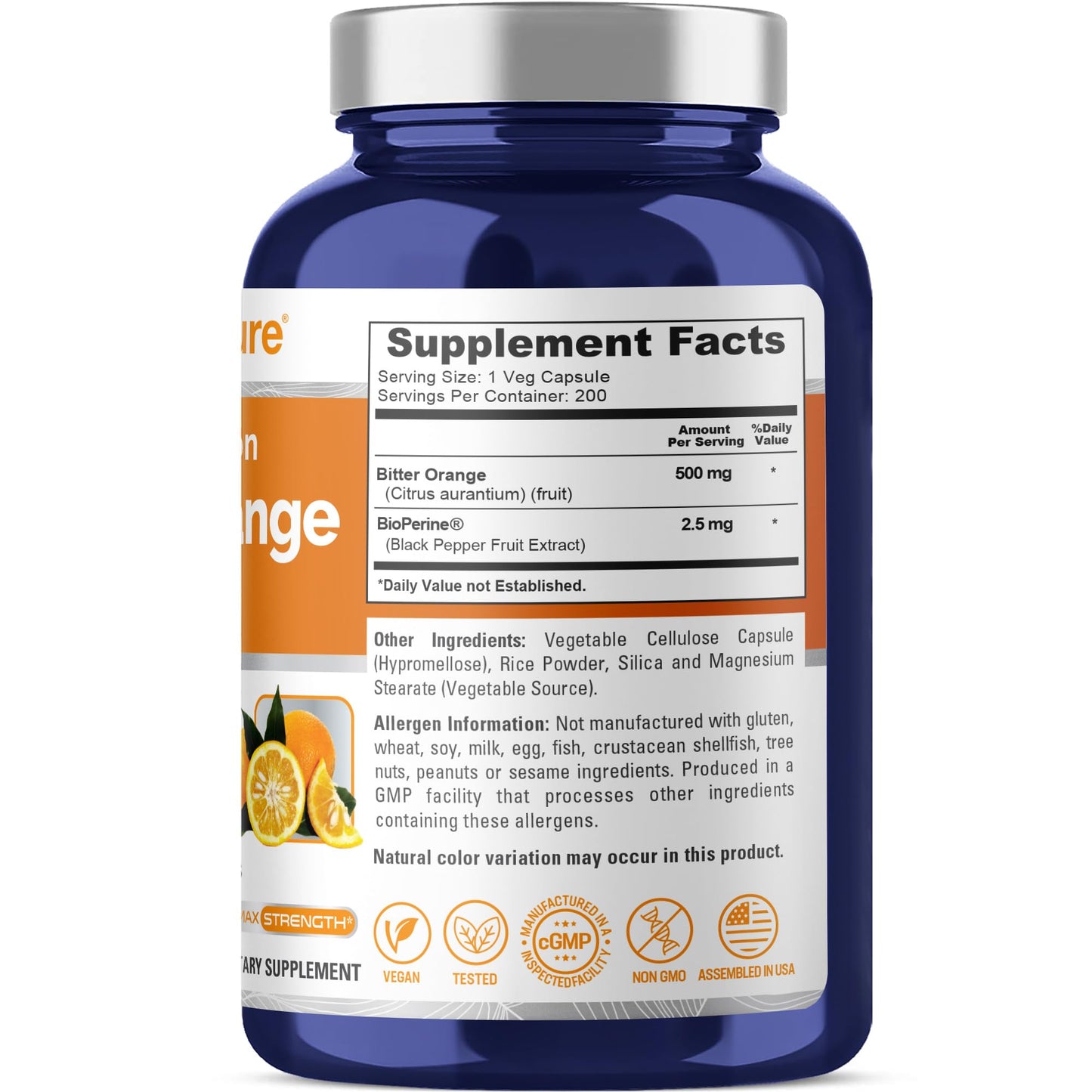 NusaPure Bitter Orange - Suitable for Vegetarian/Vegan, Non - GMO - 500mg 200 Capsules - Maple Wellness Supplements