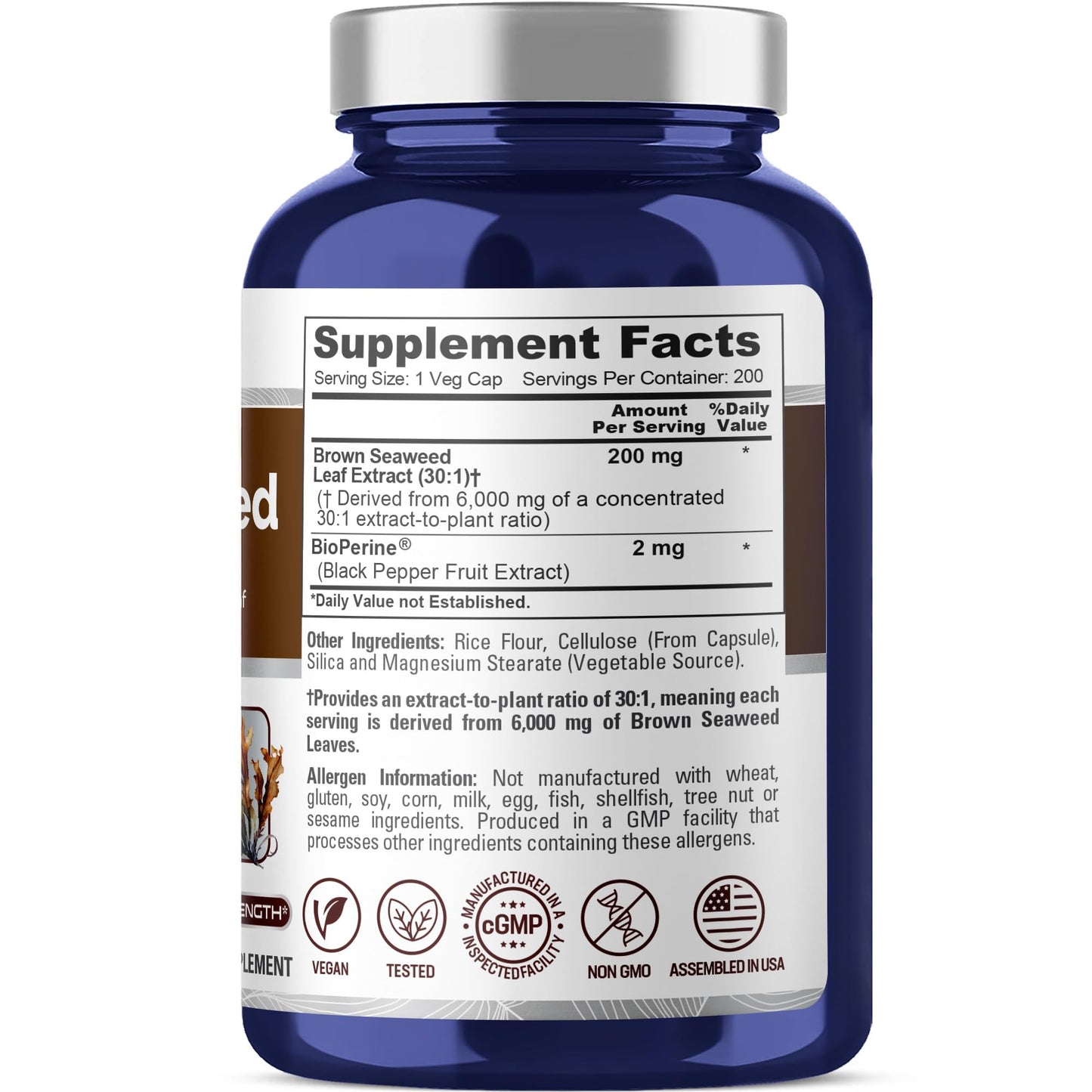 NusaPure Brown Seaweed 30:1 Extract, 200 mg Equivalent to 6,000 mg 200 Veggie Capsules - (Vegan, Non-GMO Bioperine) - Maple Wellness Supplements