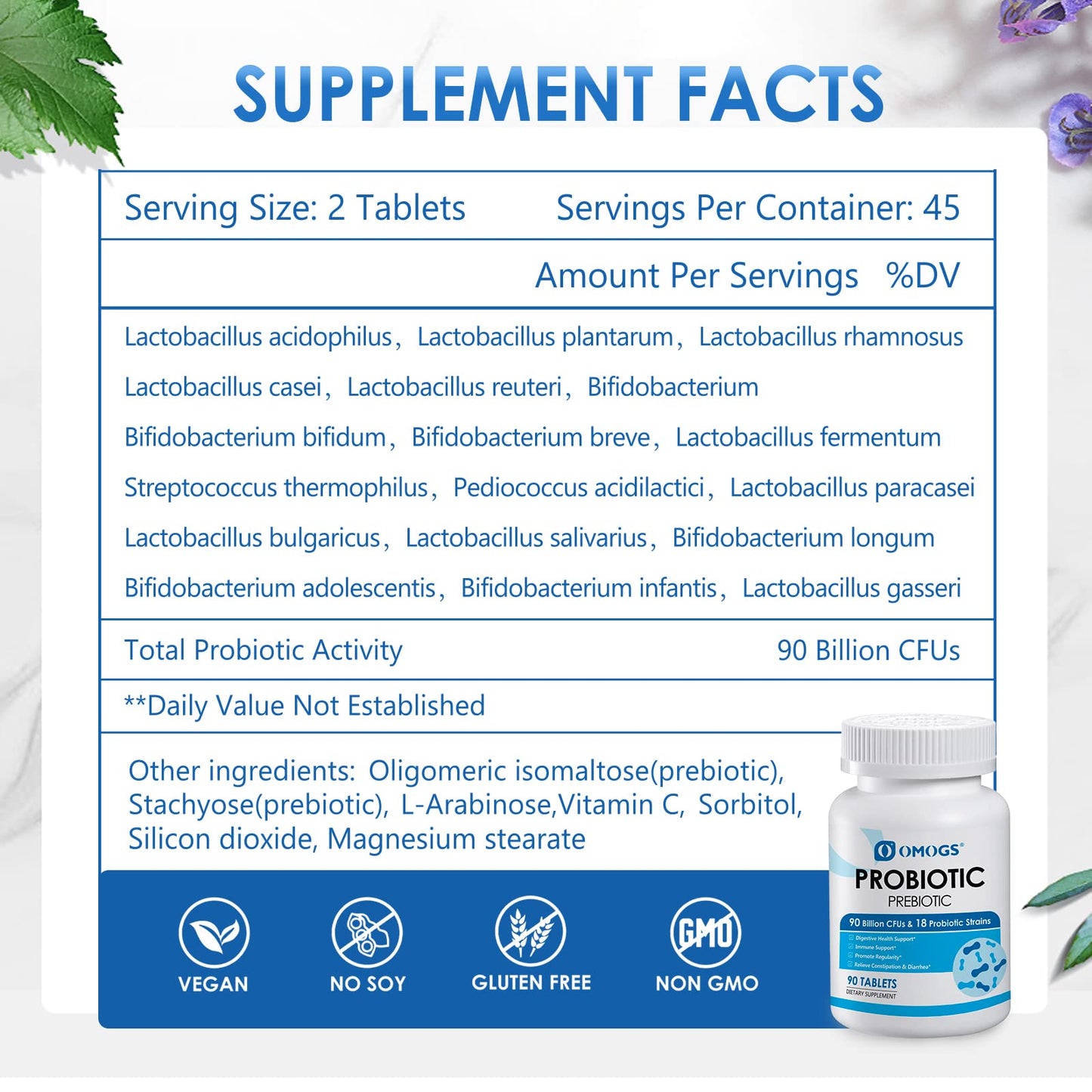 OMOGS Probiotics 90 Billion CFUs 18 Strains, with 3 Organic Prebiotics & Vitamin C, Nutritional Supplement for Women, Men & Kids, Support Metabolism - Maple Wellness Supplements