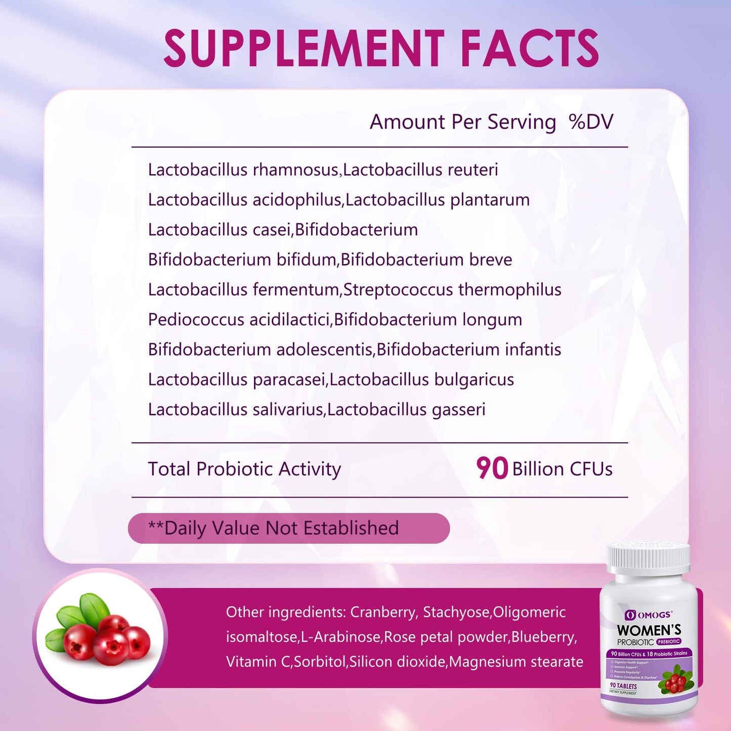 OMOGS Women's Probiotic, with Cranberry Extract, Organic Prebiotics & Vitamin C, 90 Billion CFUs,18 Strains, Help for Boost Immune, Digestive, Gut Health & Women's Health - Maple Wellness Supplements
