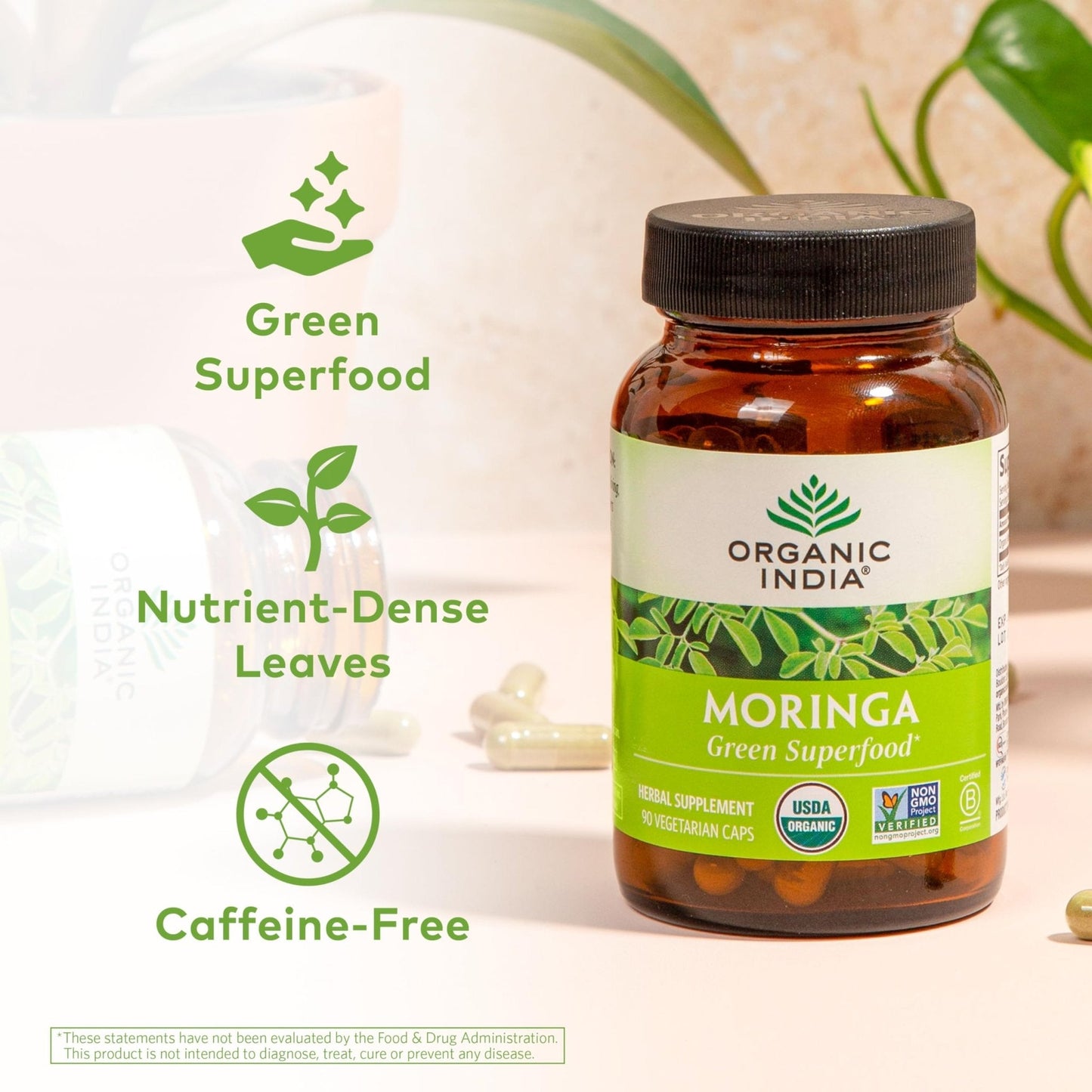 ORGANIC INDIA Moringa Herbal Supplement - Green Superfood, Nutrient Dense, Pure Plant Protein, Vitamin A, E, K, Iron, Calcium, Fiber, Vegan - Maple Wellness Supplements