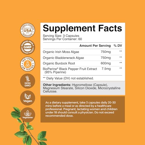 Organic Irish SeaMoss Capsules - Sea Moss and Bladderwrack Capsules with Burdock - Maple Wellness Supplements