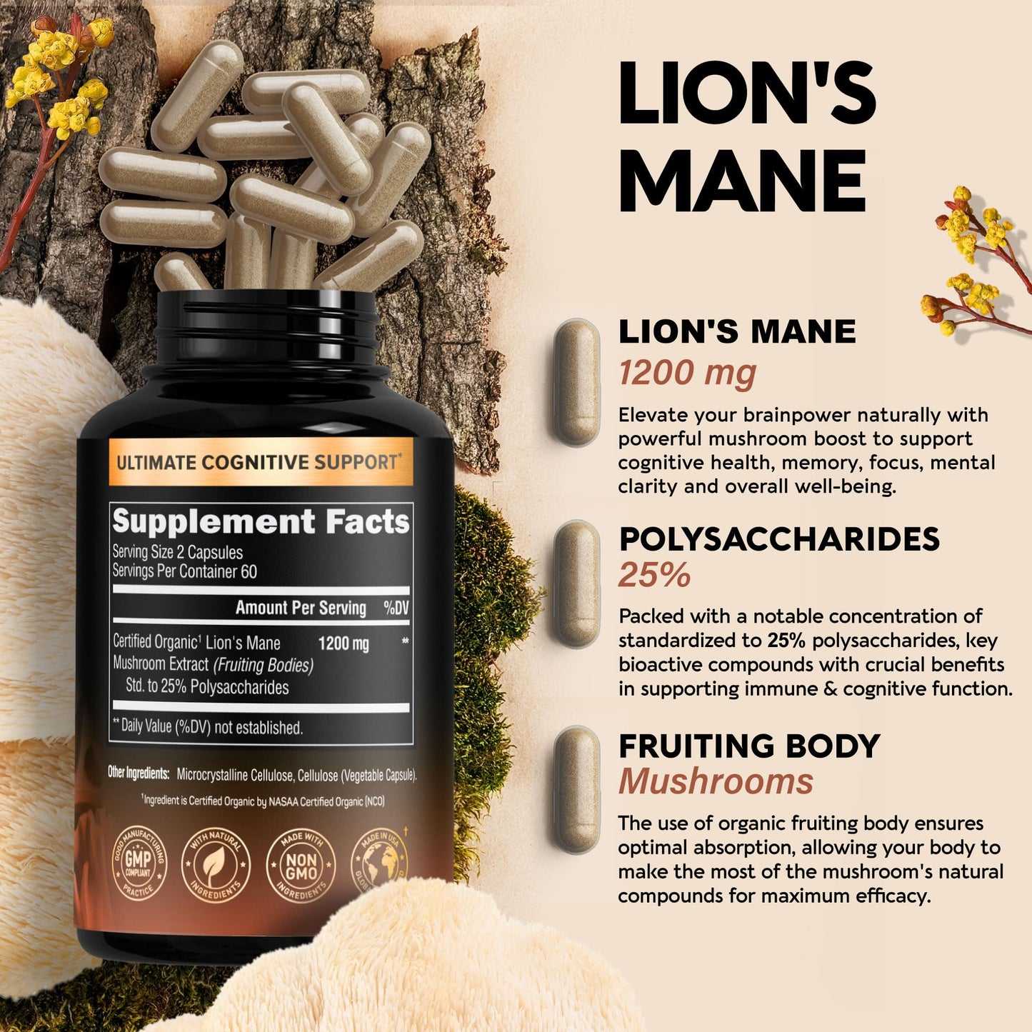 Organic Lions Mane - Certified Mushroom Supplement - Made in USA - Fruiting Bodies - Maple Wellness Supplements