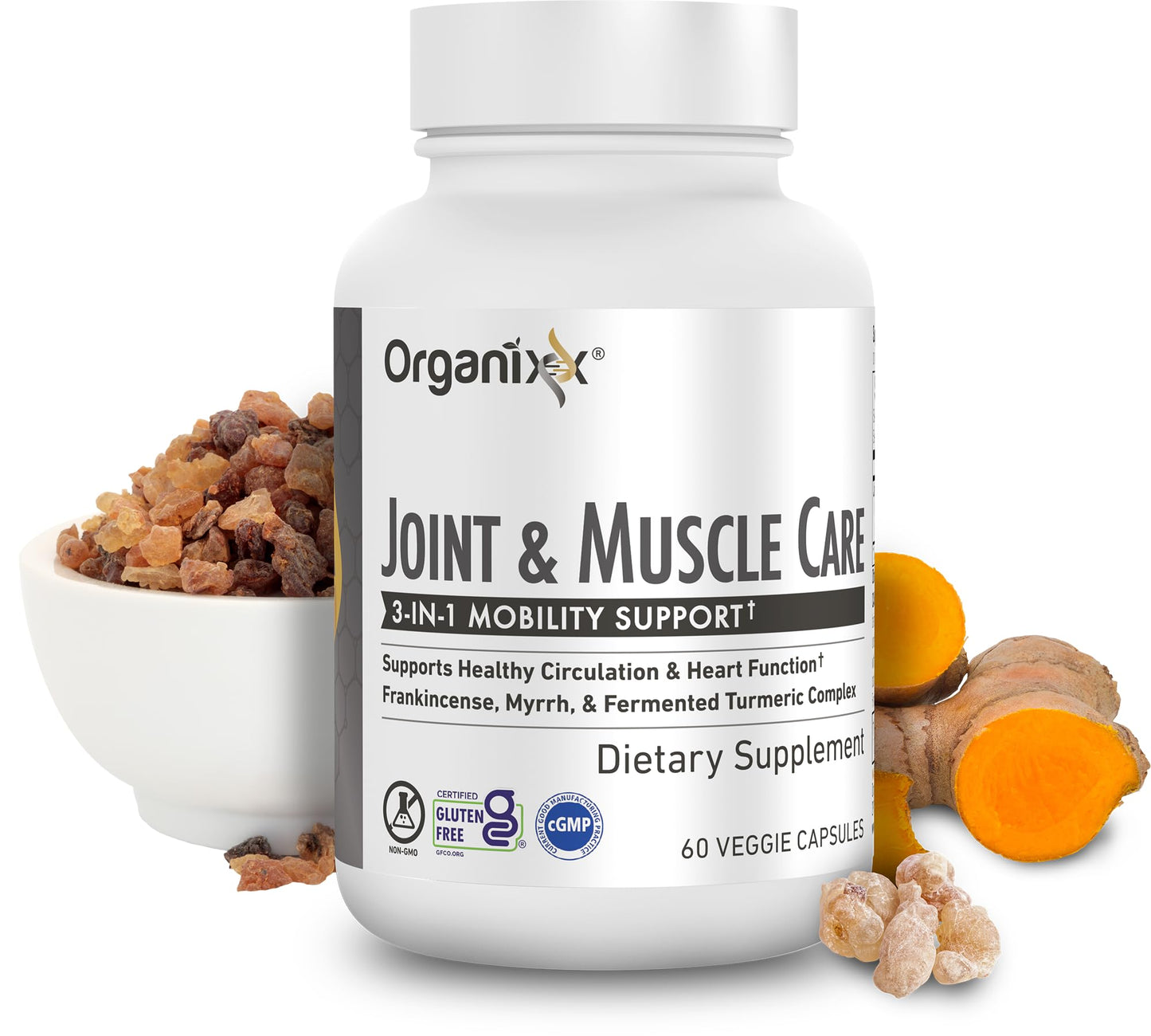 Organixx Joint & Muscle Care Organic Turmeric Supplement, 3-in-1 Frankincense, Turmeric and Myrrh Joint Health & Joint Support Supplement Body Care Capsules, Supports Swelling, Tension, 60 Capsules - Maple Wellness Supplements
