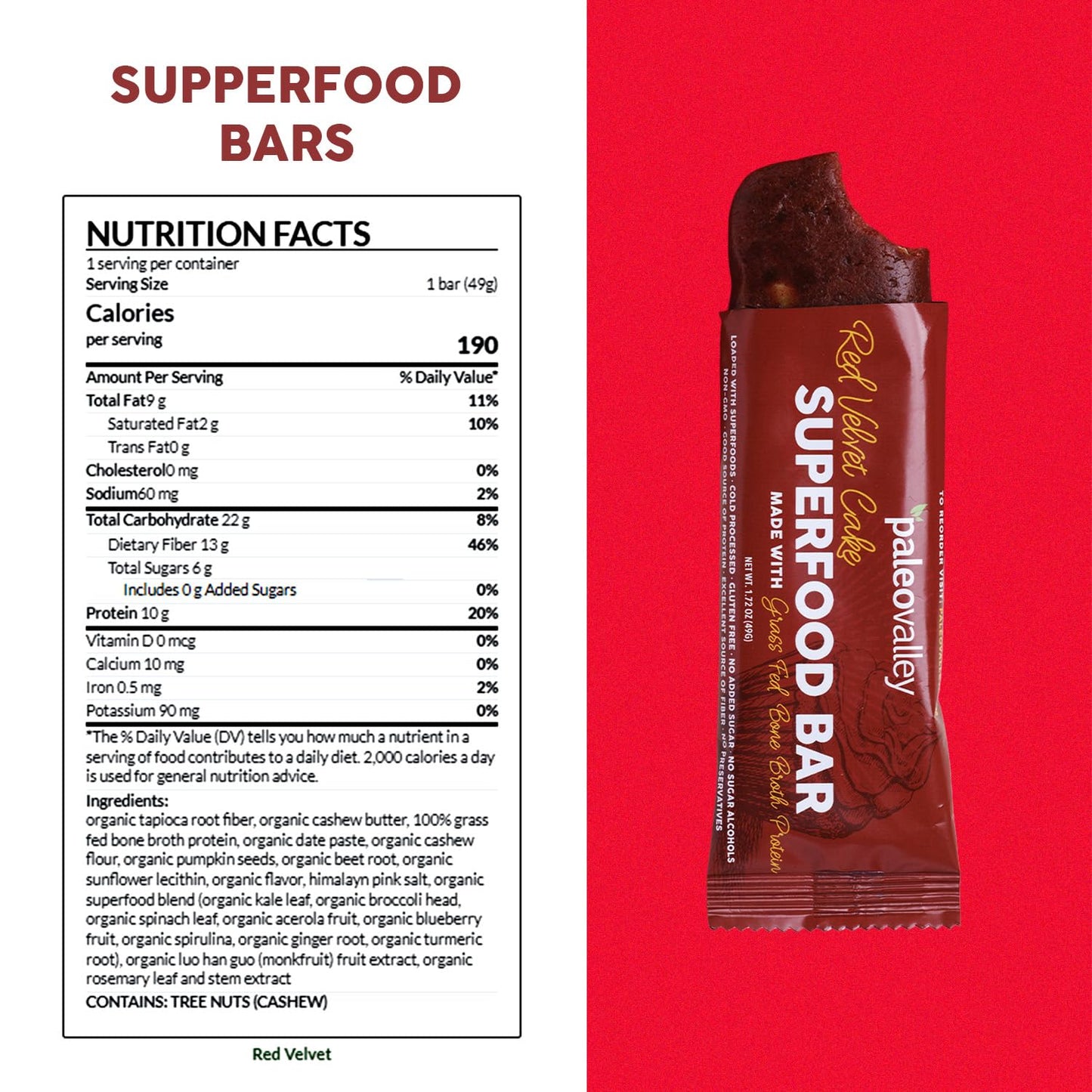 Paleovalley Superfood Bars – Red Velvet– 10 Pack – 9g Protein per Bar – Gluten-Free, Grain-Free, Paleo, Non-GMO – On-the-Go Snack - Maple Wellness Supplements