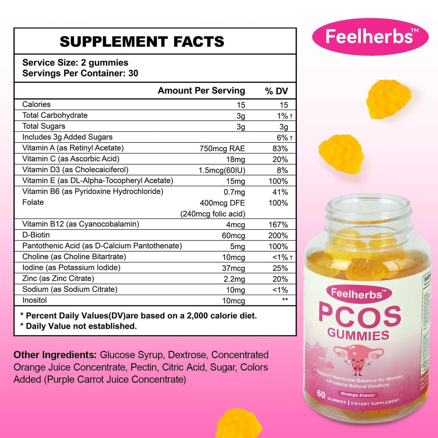 PCOS Gummies for Women Menstrual Cycle & Hormonal Balance, 60 Count Ovarian Support Gummies with Myo-Inositol, Folate and Vitamins, Orange Flavor PCOS Vitamins Gummies Helps Fertility and Ovulation - Maple Wellness Supplements
