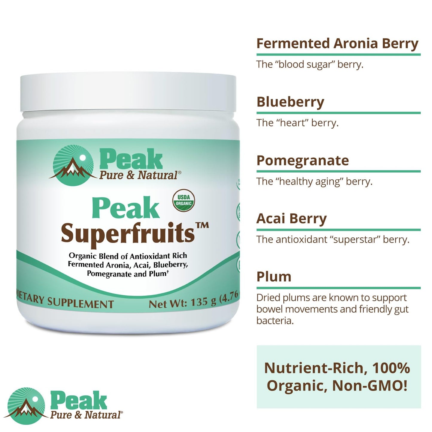 Peak Organic Superfruits - Polyphenol Rich Superfood Powder - Non-GMO Fermented Aronia Berry, Acai, Blueberry, Pomegranate, and Plum - Aging, Metabolic Health, Heart Health (30 Servings) - Maple Wellness Supplements