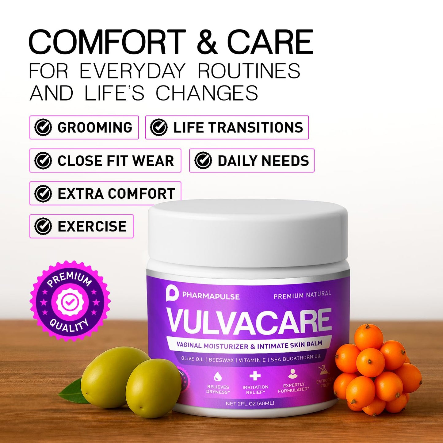 Pharmapulse Vaginal Moisturizer, Vulva Balm Cream, Intimate Skin Care, Menopause Support - Relieves Dryness, Itching, Burning, Redness, Chafing, Odor, Irritation - Estrogen Free 2oz - Maple Wellness Supplements