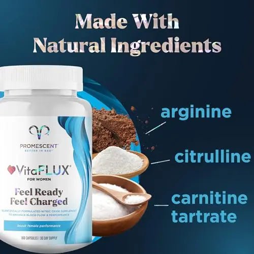 Promescent VitaFLUX Women's Nitric Oxide Booster Supplement, Boost Energy & Performance - Therapeutic Dose of Essential Amino Acids L Arginine, L Citrulline, L Carnitine, Zinc (180 Capsules) - Maple Wellness Supplements