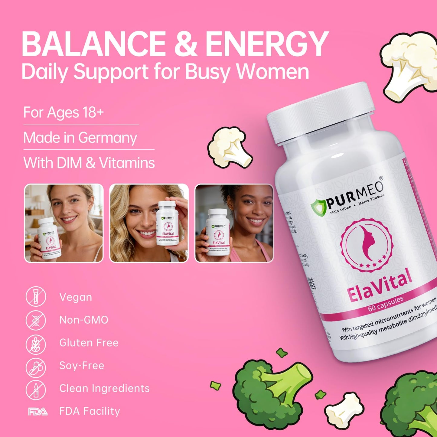 purmeo DIM Supplement for Women, Patented Formula Diindolylmethane Support Estrogen Hormone Balance & Breast Health, Non-GMO, 60ct Vegan Capsules - Maple Wellness Supplements