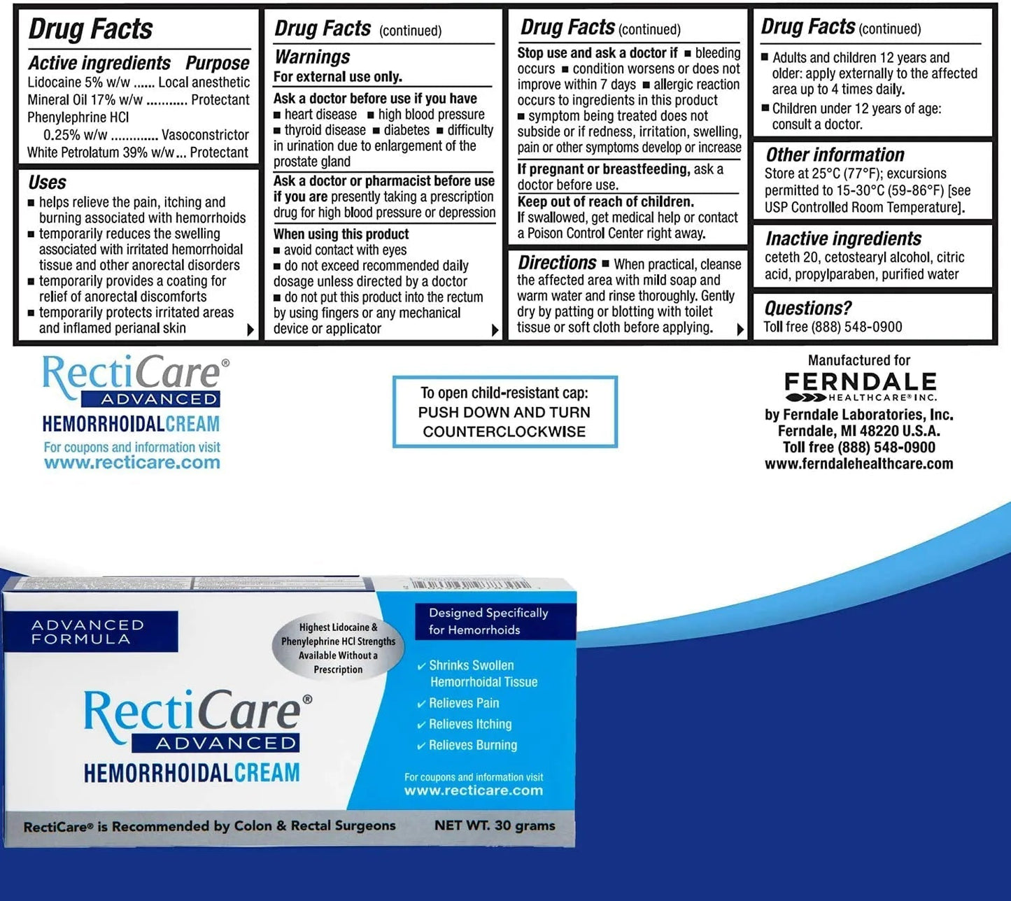 Recticare Advanced Hemorrhoidal Cream: Advanced Treatment to Shrink & Soothe Hemorrhoids - Itch, Pain, Burn Relief - 30g Hemorrhoidal Cream with Lidocaine - Maple Wellness Supplements
