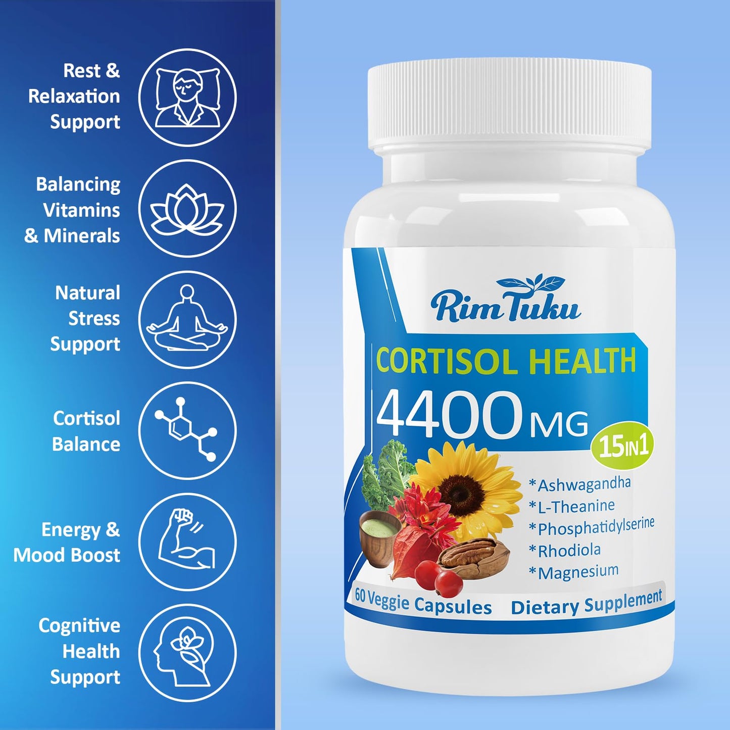 RimTuku Cortisol Supplements for Women & Men -15-in-1 Cortisol Detox for Women, Cortisol Manager & Reducer with Ashwagandha, Rhodiola Rosea Supports Stress Relief, Adrenal Balance, 120 Capsules - Maple Wellness Supplements