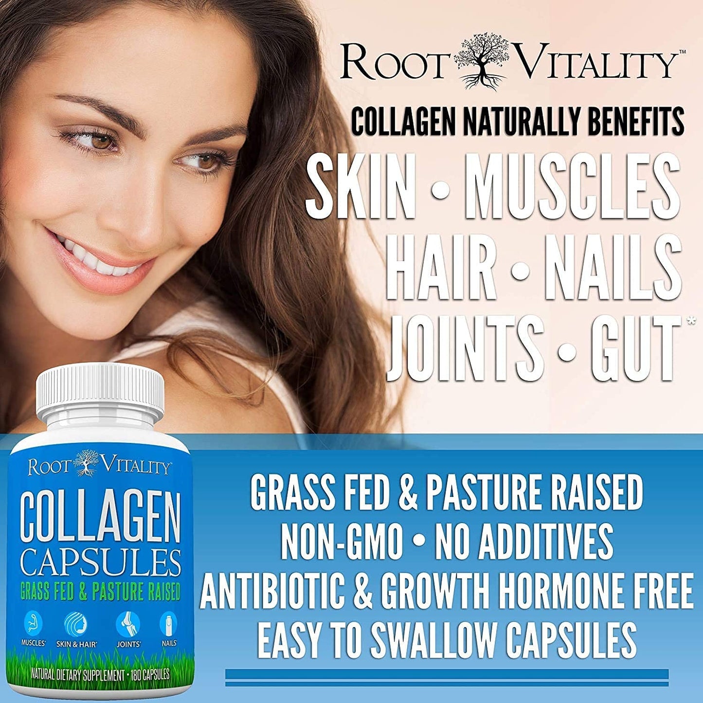 Root Vitality Collagen Peptides Capsules - Grass-Fed, Pasture-Raised Hydrolyzed Protein Supplement for Skin, Hair, & Nails - Non-GMO, Zero Sugar Daily Pills for Men & Women (180 Capsules) - Maple Wellness Supplements