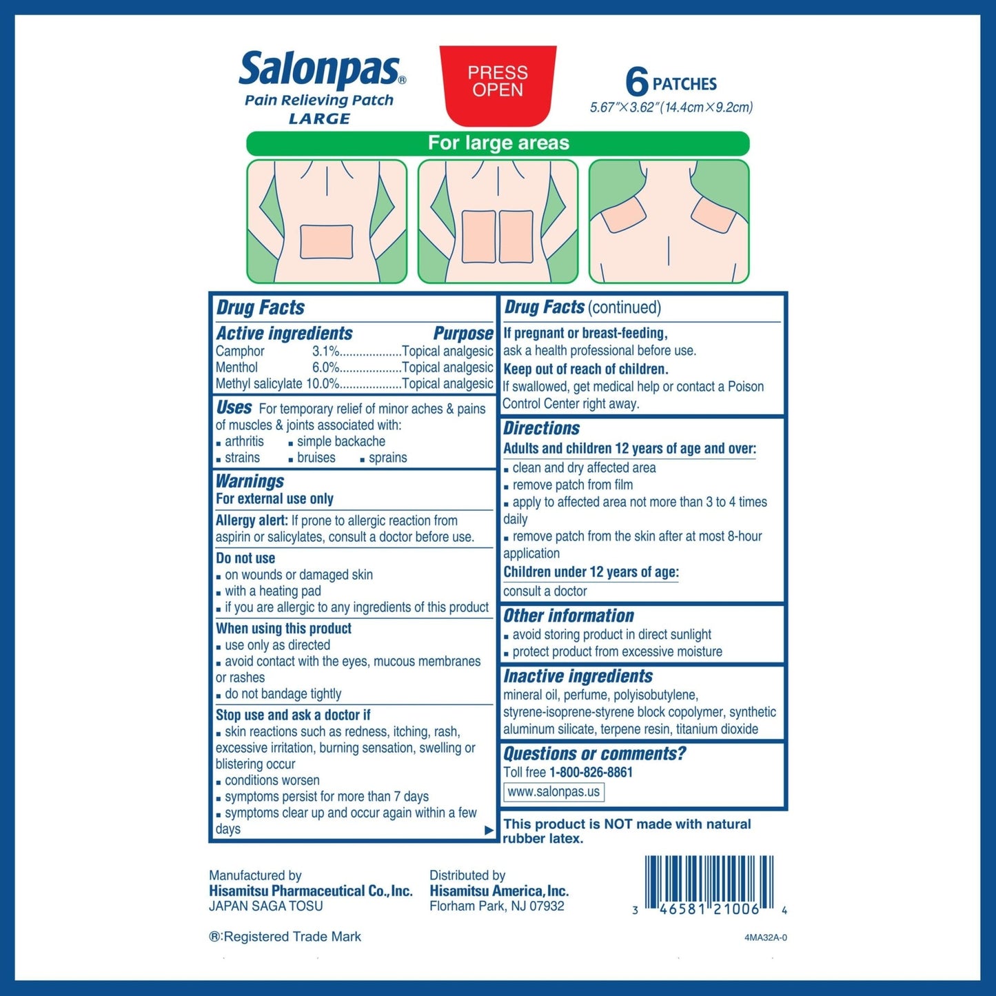 Salonpas Pain Relieving Patch, Large, 6 Count, for Back, Neck, Shoulder, Knee Pain and Muscle Soreness, 8 Hour Pain Relief - Maple Wellness Supplements