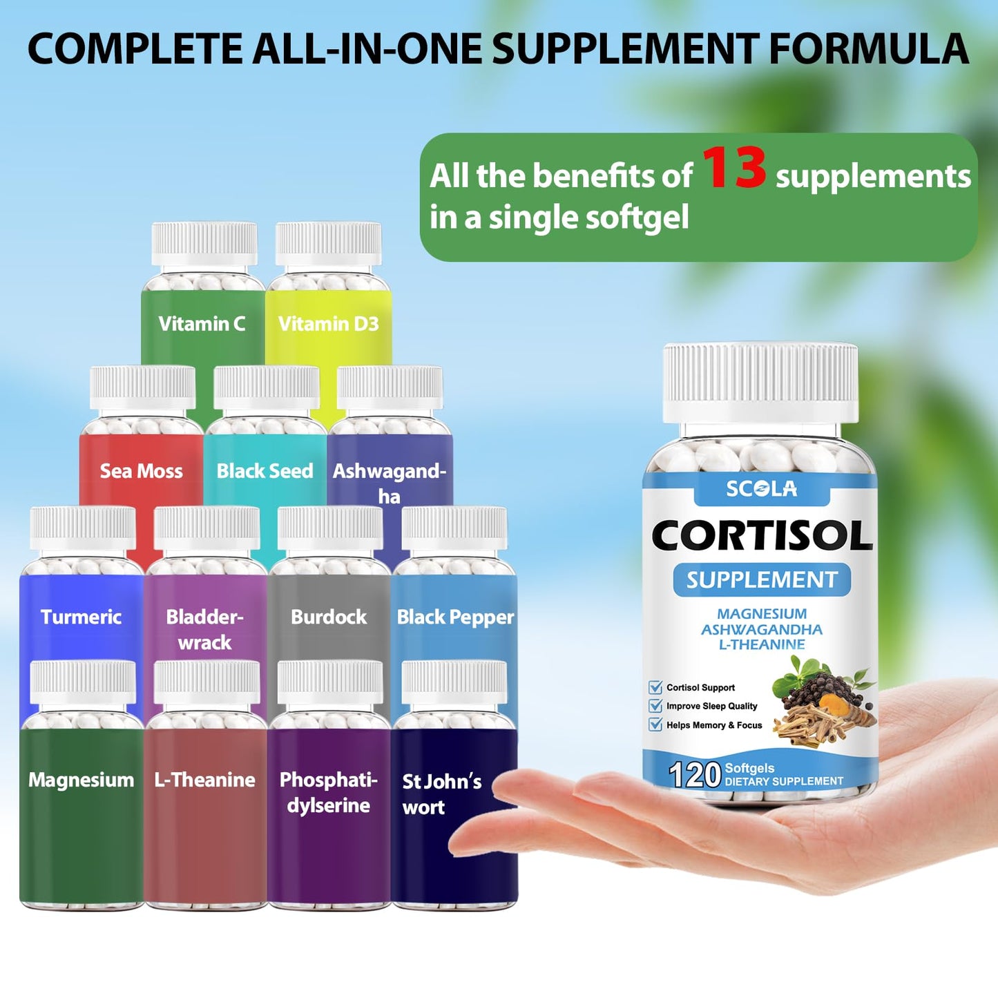 SCOLA Cortisol Supplement for Women and Men with Magnesium, Ashwagandha/L-Theanine, Cortisol Detox Manager, Cortisol Reducer Supports Relaxation & Calm, Mood, Sleep, 120 Count - Maple Wellness Supplements