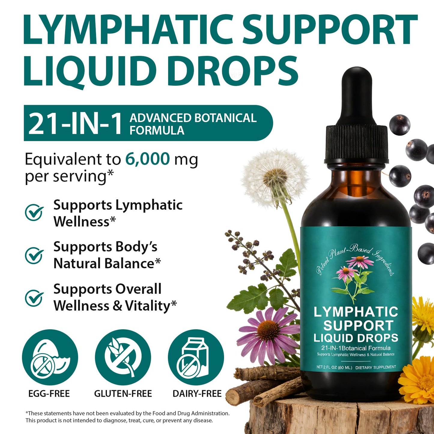 SDJUFEI 21-in-1 Lymphatic Drainage Drops, Lymphatic Support Liquid Drops with Turmeric, Echinacea, Elderberry & Dandelion, for Women & Men, 2 fl oz - Maple Wellness Supplements