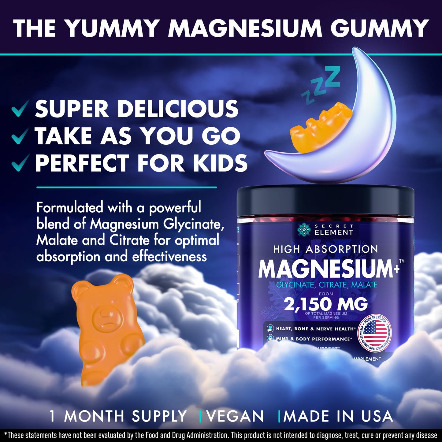 Secret Element Magnesium Glycinate 2150MG Gummies for Women and Men, High Absorption Magnesium Glycinate, Citrate, Malate Gummies for Adults & Kids, Sleep Support - Maple Wellness Supplements