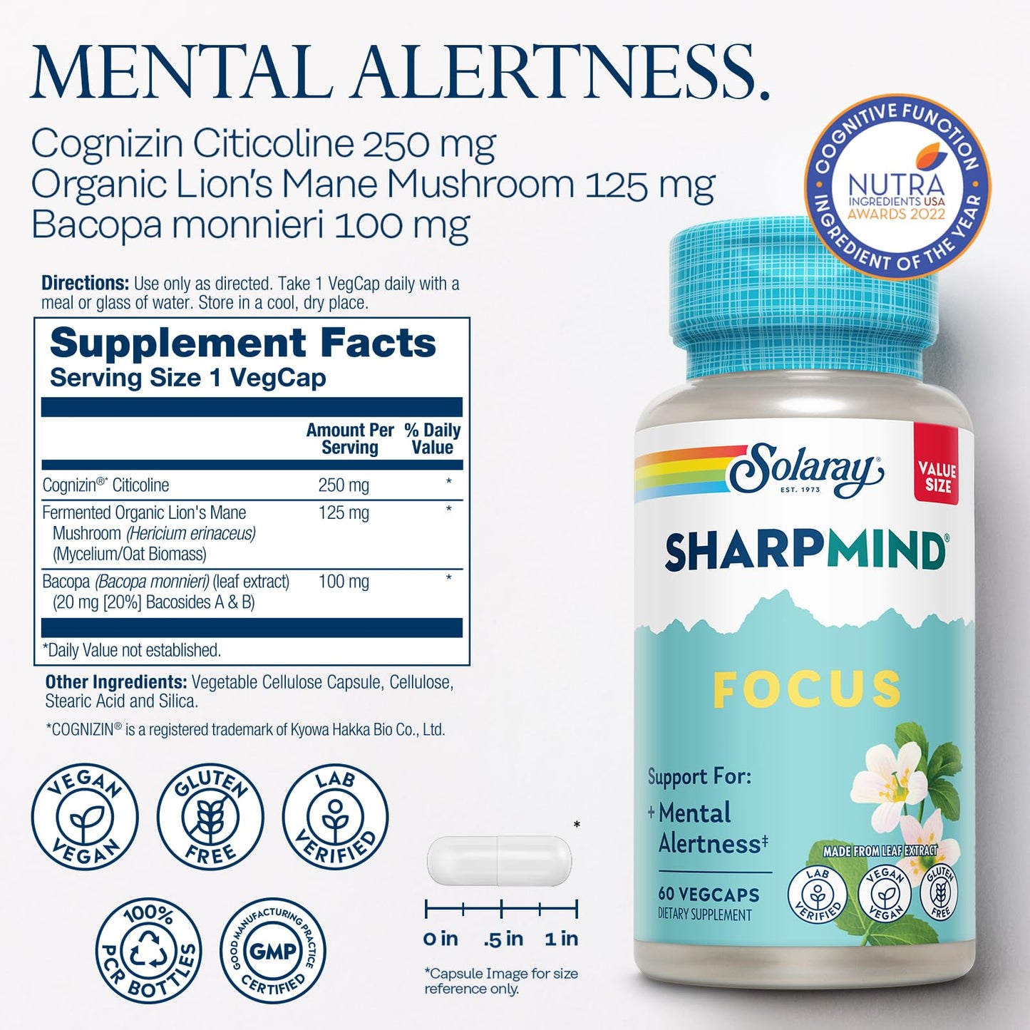 SOLARAY SharpMind Focus, Mental Alertness Nootropic Supplement for Healthy Brain Fog, Cognizin Citicoline, Lions Mane Mushroom, Bacopa Monnieri, 60 Day Money Guarantee, 60 Serv 60 Veg Caps - Maple Wellness Supplements