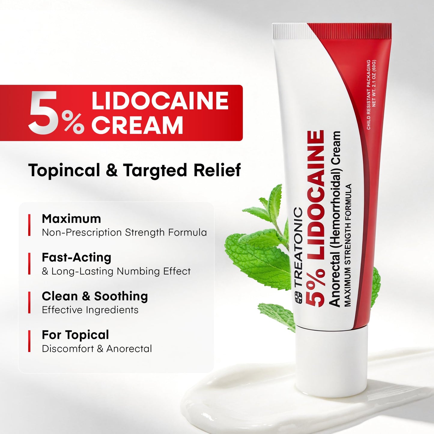 Treatonic 5% Lidocaine Numbing Cream: Lidocaine Cream for Pain Relief, Itching, Burning, Soreness, Hemorrhoid - Maximum Strength Topical Numb Cream - Fast Acting & Long Lasting Numbing Cream- 2.1 oz - Maple Wellness Supplements
