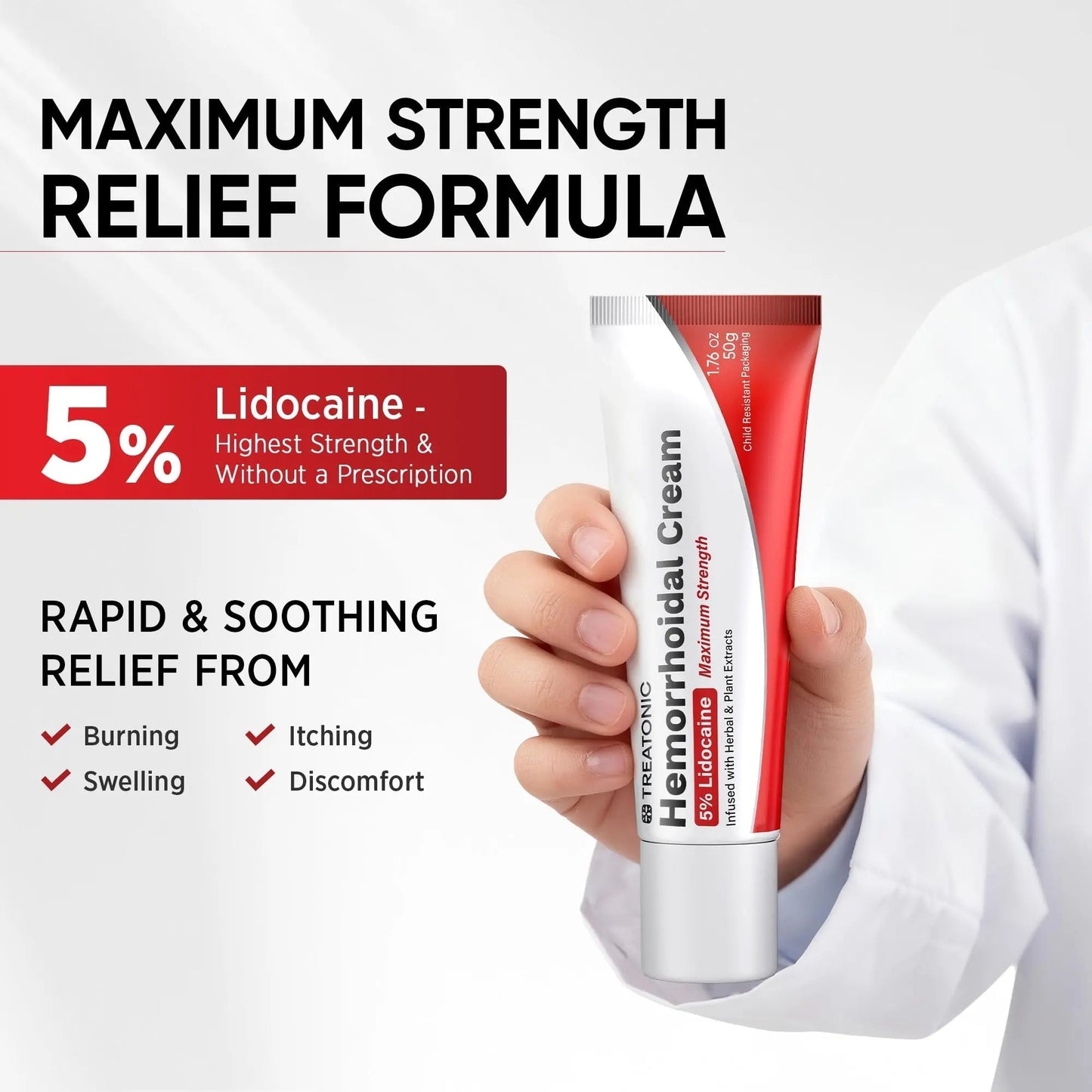 Treatonic Hemorrhoid Treatment Cream: 5% Lidocaine Hemorrhoid Cream for Numbing Relief of Pain, Burning, Itching, Discomfort, & Swelling - Fissure & Hemorrhoids - 1.76 oz - Maple Wellness Supplements