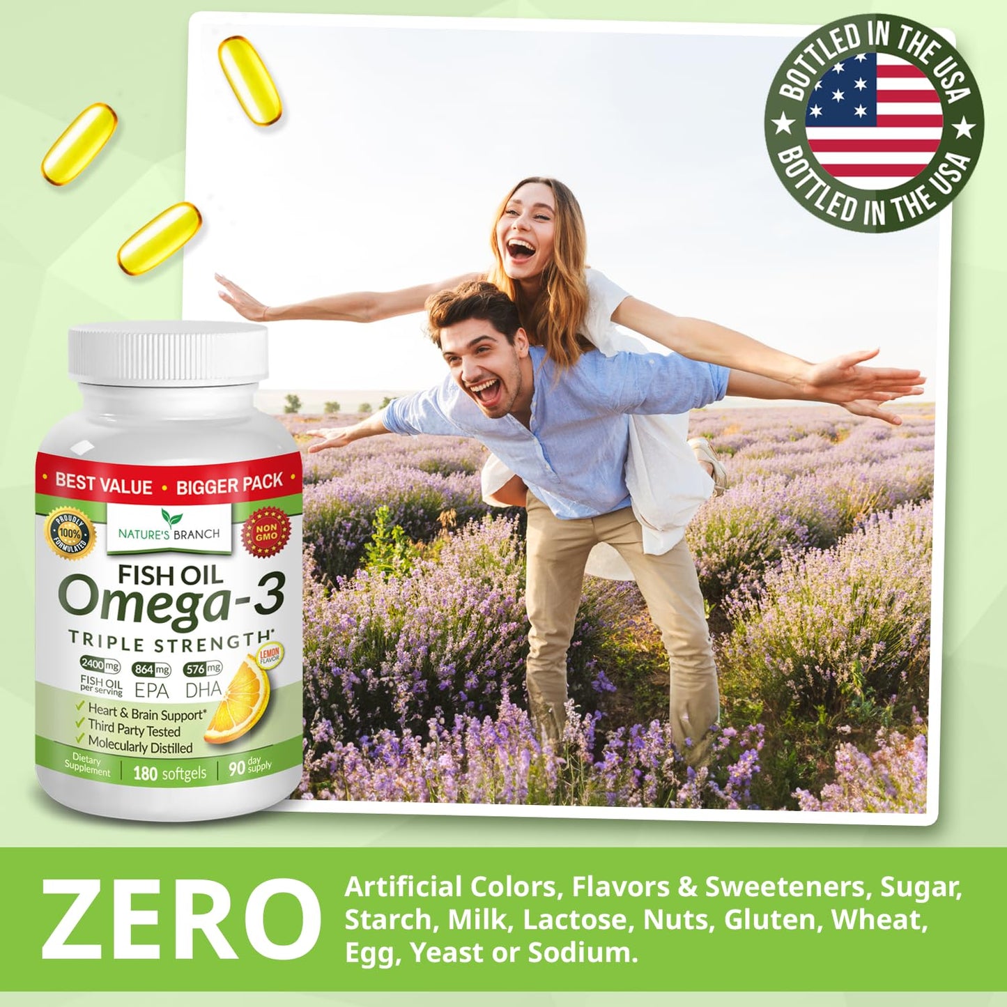 Triple Strength Omega 3 Fish Oil Supplements 2400mg | 180 Capsules, Burpless High Potency Lemon Flavor, High EPA DHA for Men & Women Ultra Pure Softgels - Maple Wellness Supplements