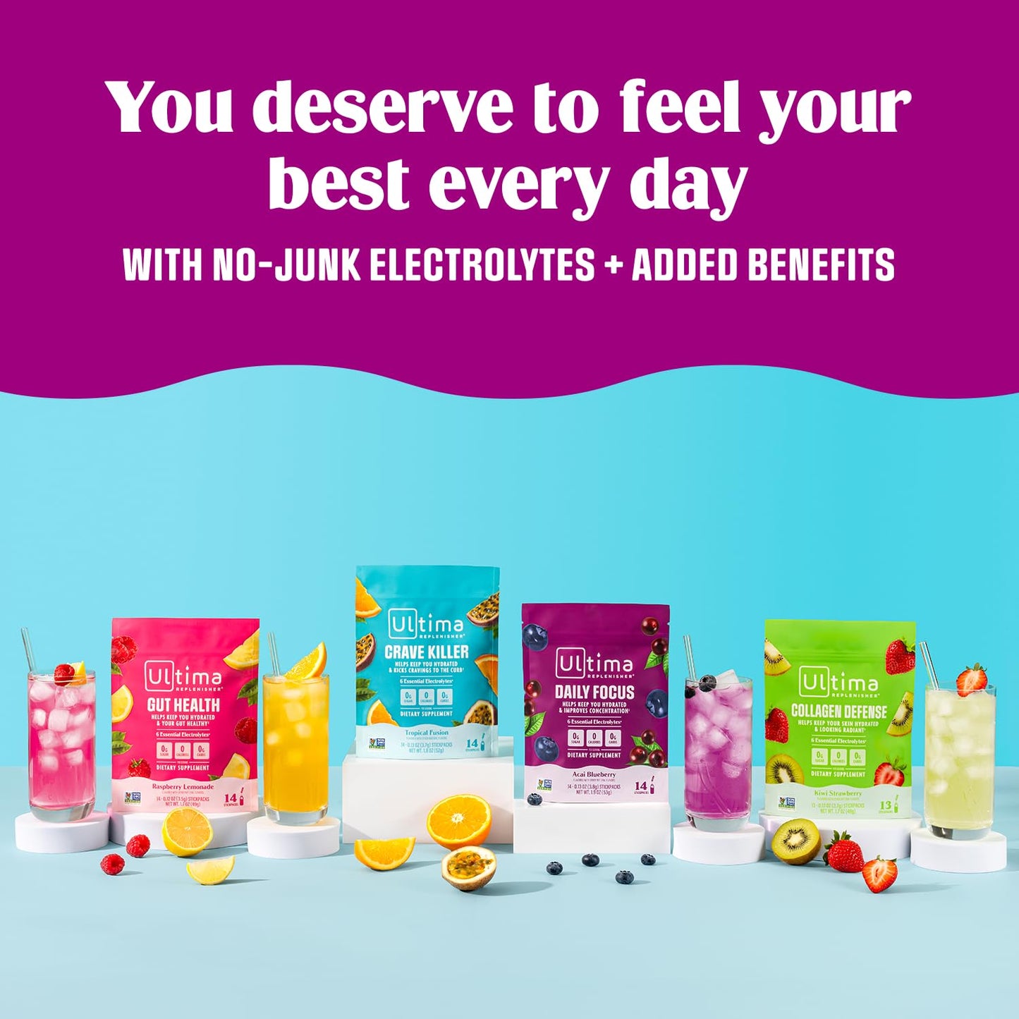 Ultima Replenisher Daily Focus Supplement & Electrolytes Powder - Acai Blueberry, 14 Stickpacks - Hydration Packets, 60mg Caffeine from Green Tea Extract & L-Theanine - Maple Wellness Supplements