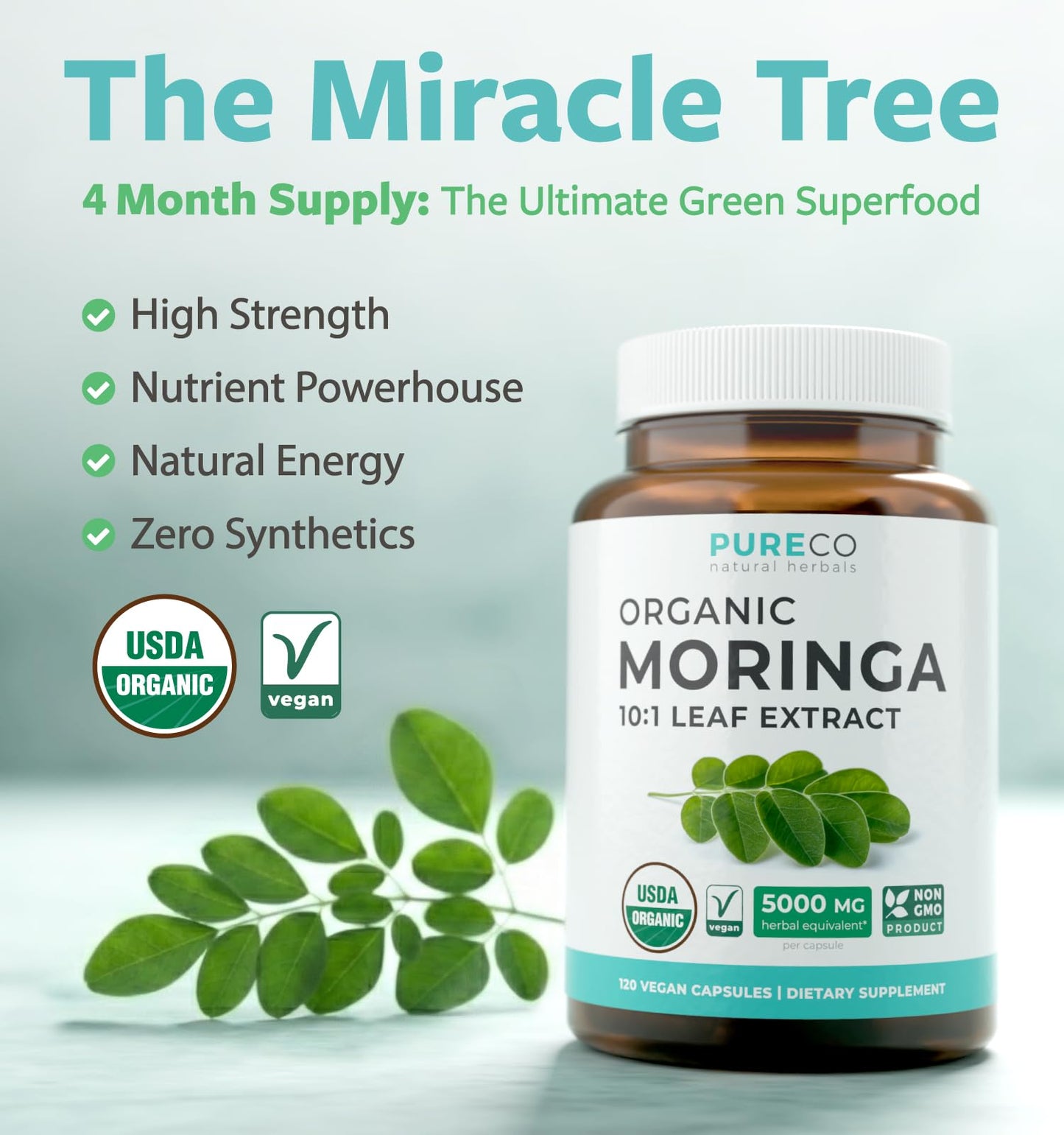 USDA Organic Moringa Capsules - High Potency Organic Moringa 500mg Extract 10:1 Per 1 Capsule Serving - Nutrient Dense Green Superfood Antioxidant - Maple Wellness Supplements