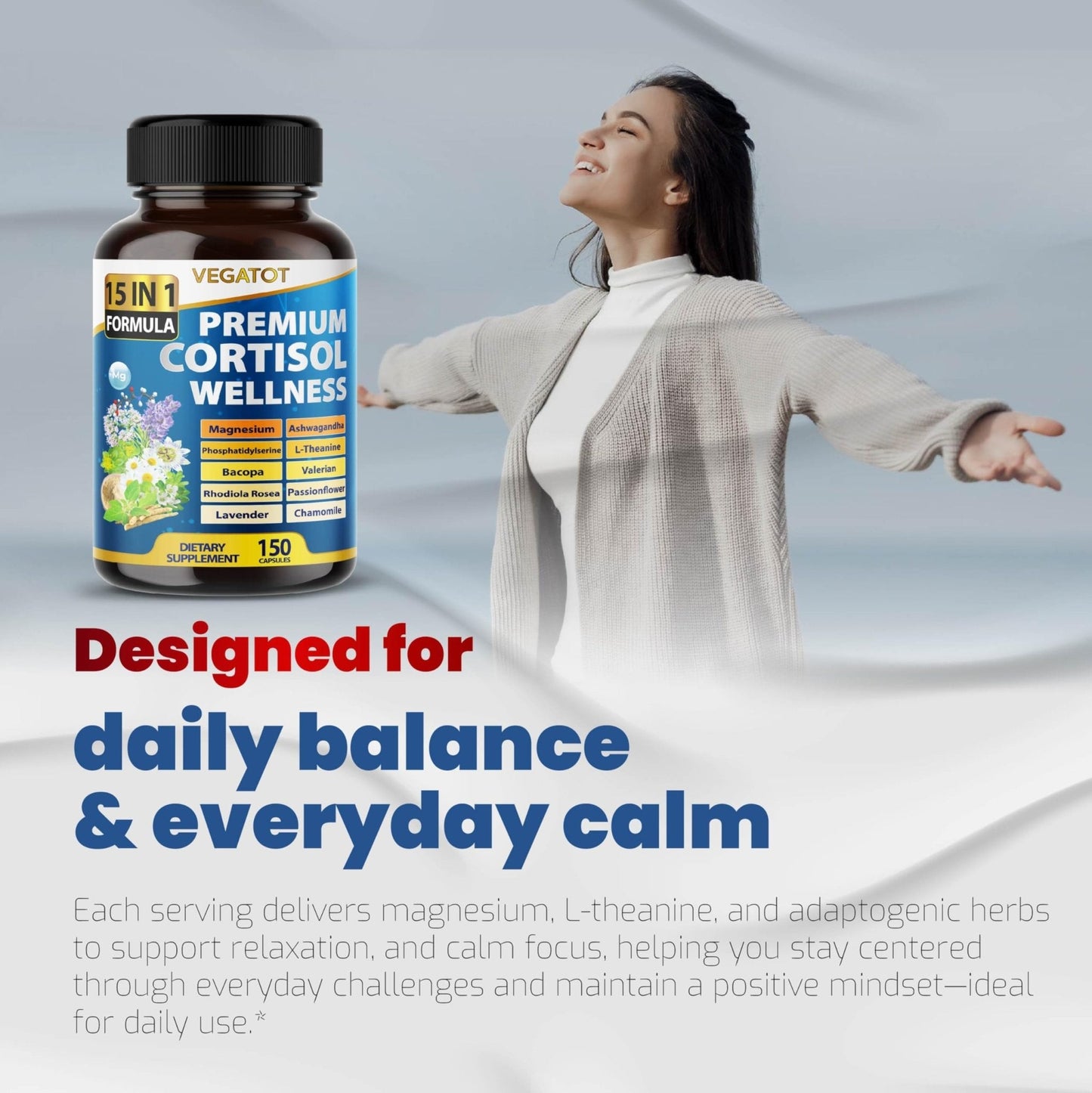 VEGATOT Organic Cortisol Wellness Complex 15-in-1 Formula with Magnesium Ashwagandha St. John's Wort Valerian Rhodiola Rosea Passionflower Chamomile - Maple Wellness Supplements