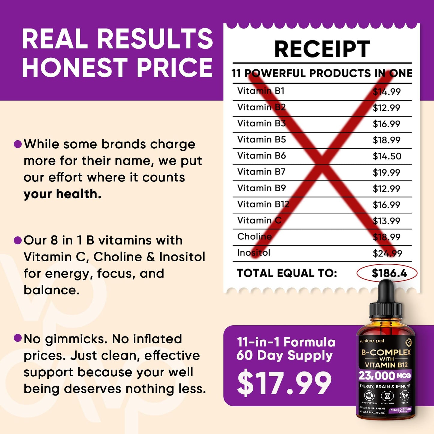 Venture Pal Vitamin B Complex Liquid Drops, B12 Methylcobalamin | B9 Folic | B1,B2,B3,B5,B6,B16 - Vitamin C, Choline, Inositol - Maple Wellness Supplements