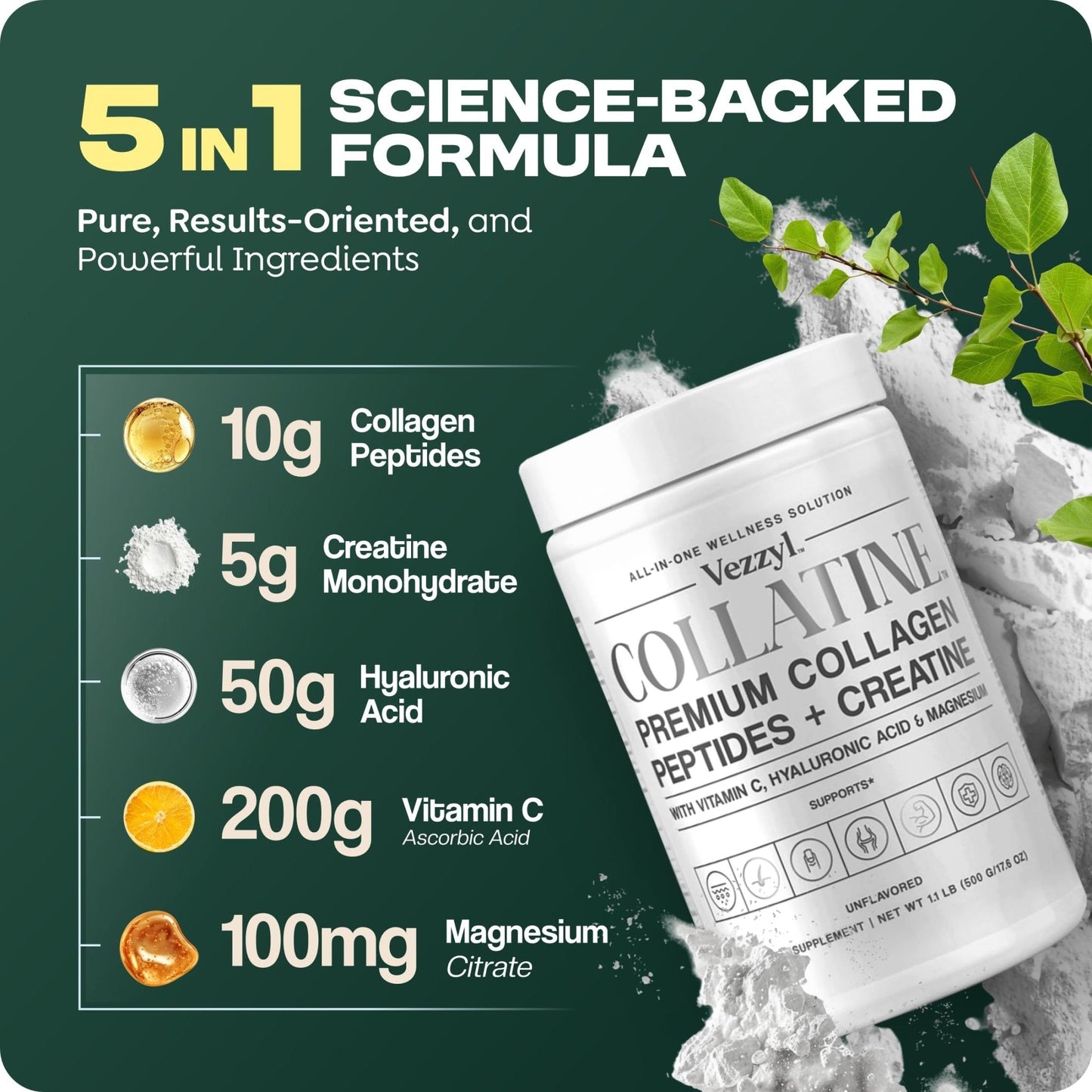 Vezzyl - Collatine - Premium Collagen Peptides + Creatine with Vitamin C, Hyaluronic Acid and Magnesium for Skin, Hair, Nails, Bone & Joint, Muscle, Immune and Cognitive Aid (.55 LB (250 G/8.8 OZ) - Maple Wellness Supplements