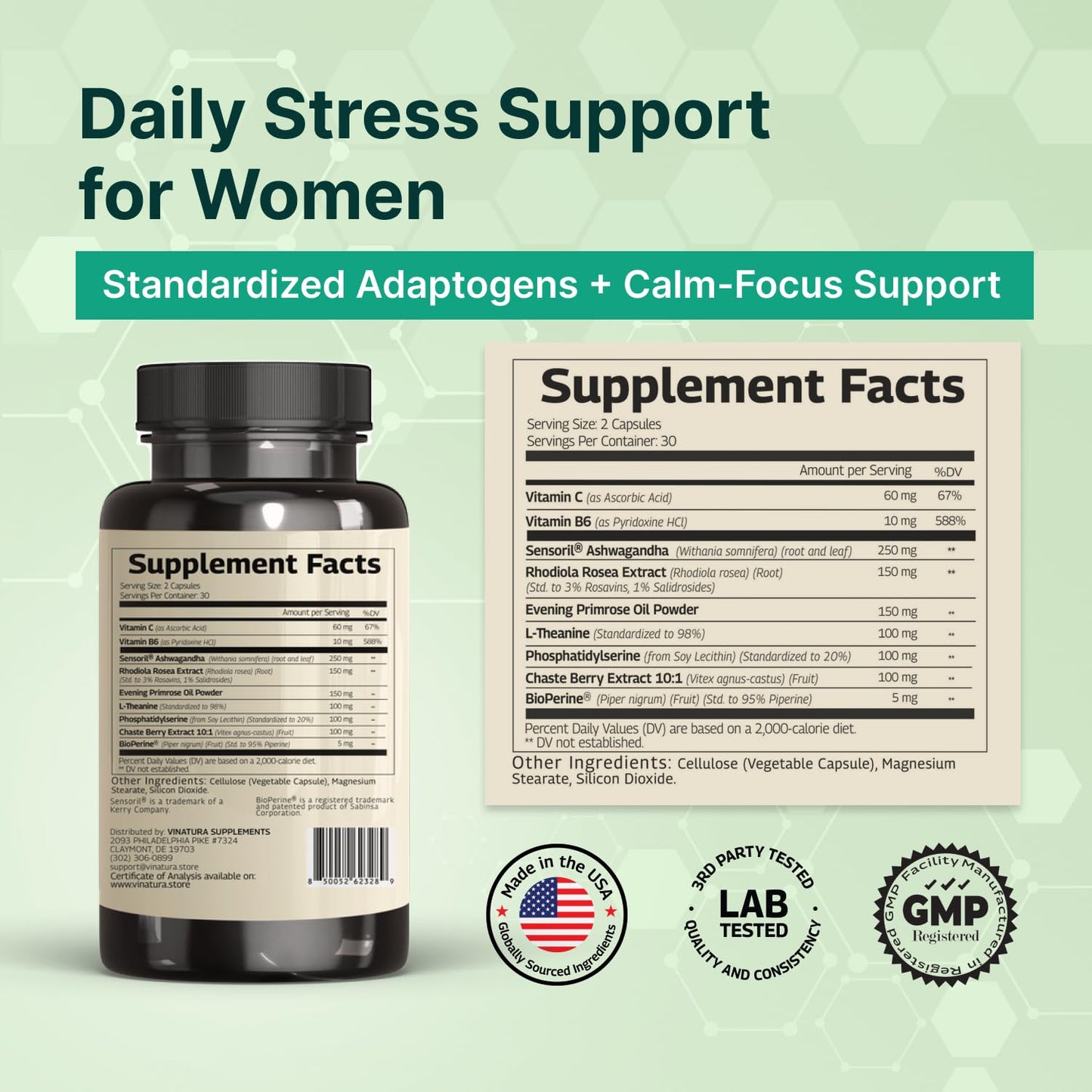 VINATURA Cortisol Supplements for Women - Cortisol Detox and Management - Adrenal Support, Stress Support, 60 Vegan Capsules - Maple Wellness Supplements