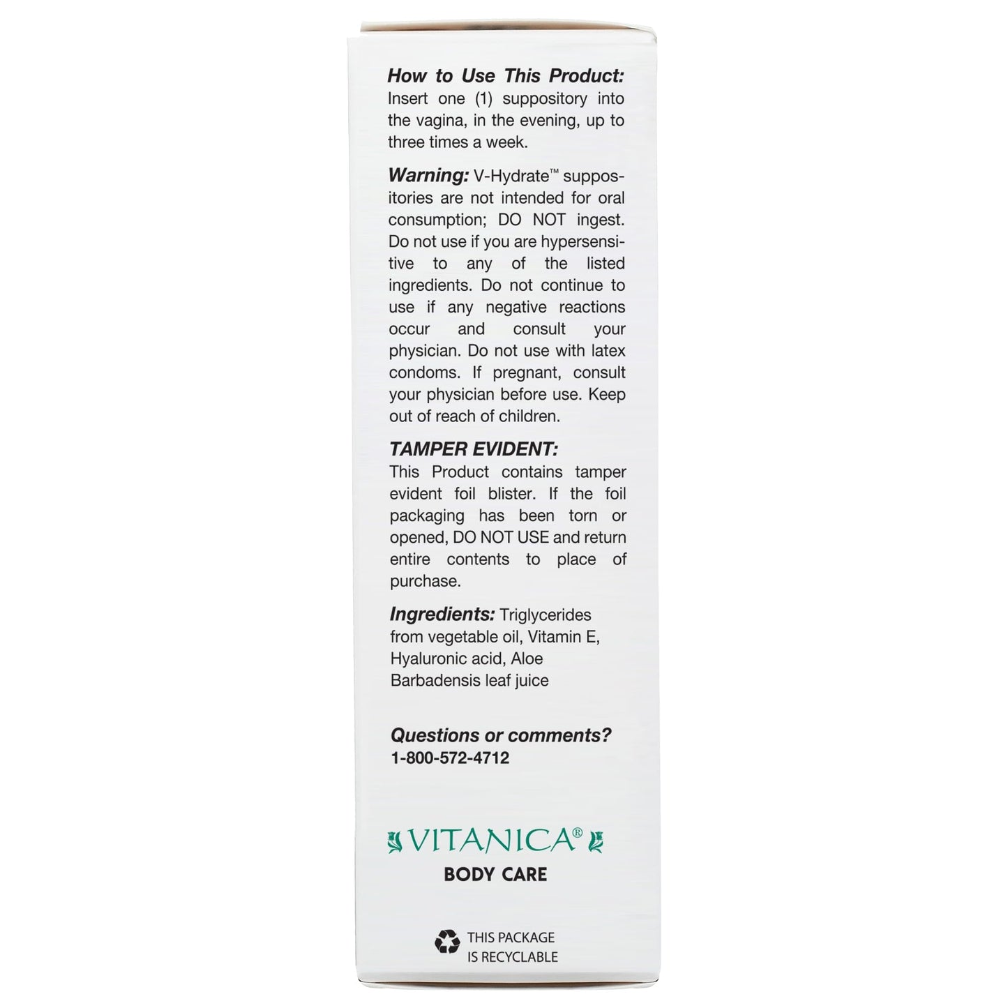 Vitanica V-Hydrate, Hyaluronic Acid Vaginal Suppositories for Comfort and Vaginal Hydration with Aloe Vera and Vitamin E, Hormone-Free & Drug-Free, Vegan, 2 Month Supply, 24 Count - Maple Wellness Supplements