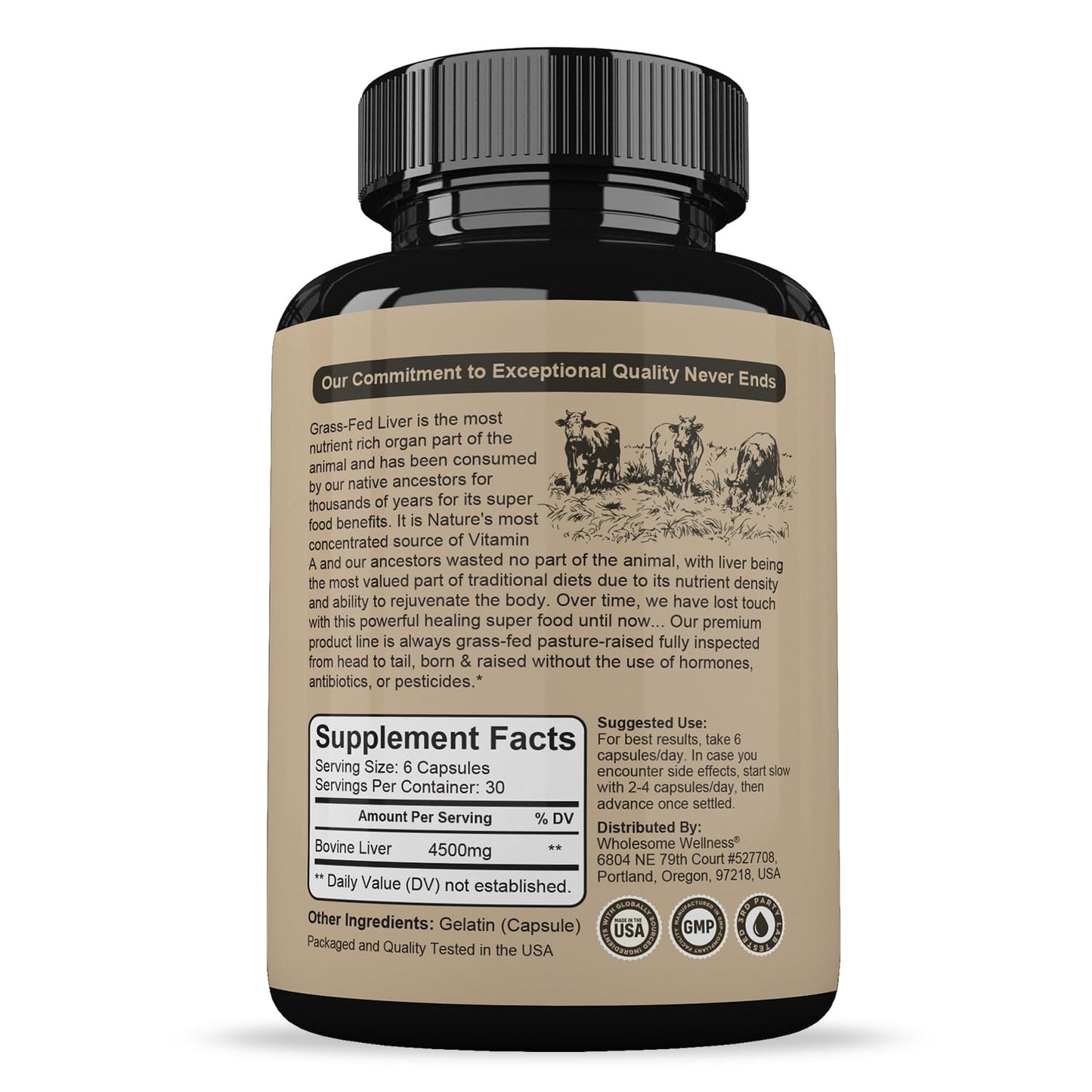 Wholesome Wellness Grass Fed Desiccated Beef Liver Capsules (180 Pills, 750mg Each) - Natural Iron, Vitamin A, B12 for Energy - Raised Undefatted in New Zealand - Maple Wellness Supplements