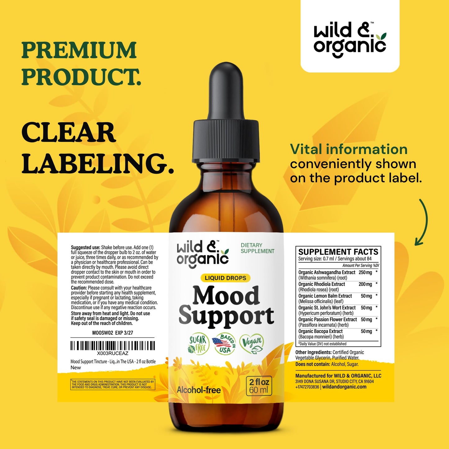 Wild & Organic Mood Support Drops - Good Mood Supplements w/Ashwagandha Root & Rhodiola Rosea - Natural Liquid Drops for Positive Energy - Calm and Relax Supplements for Women and Men - 2 oz - Maple Wellness Supplements