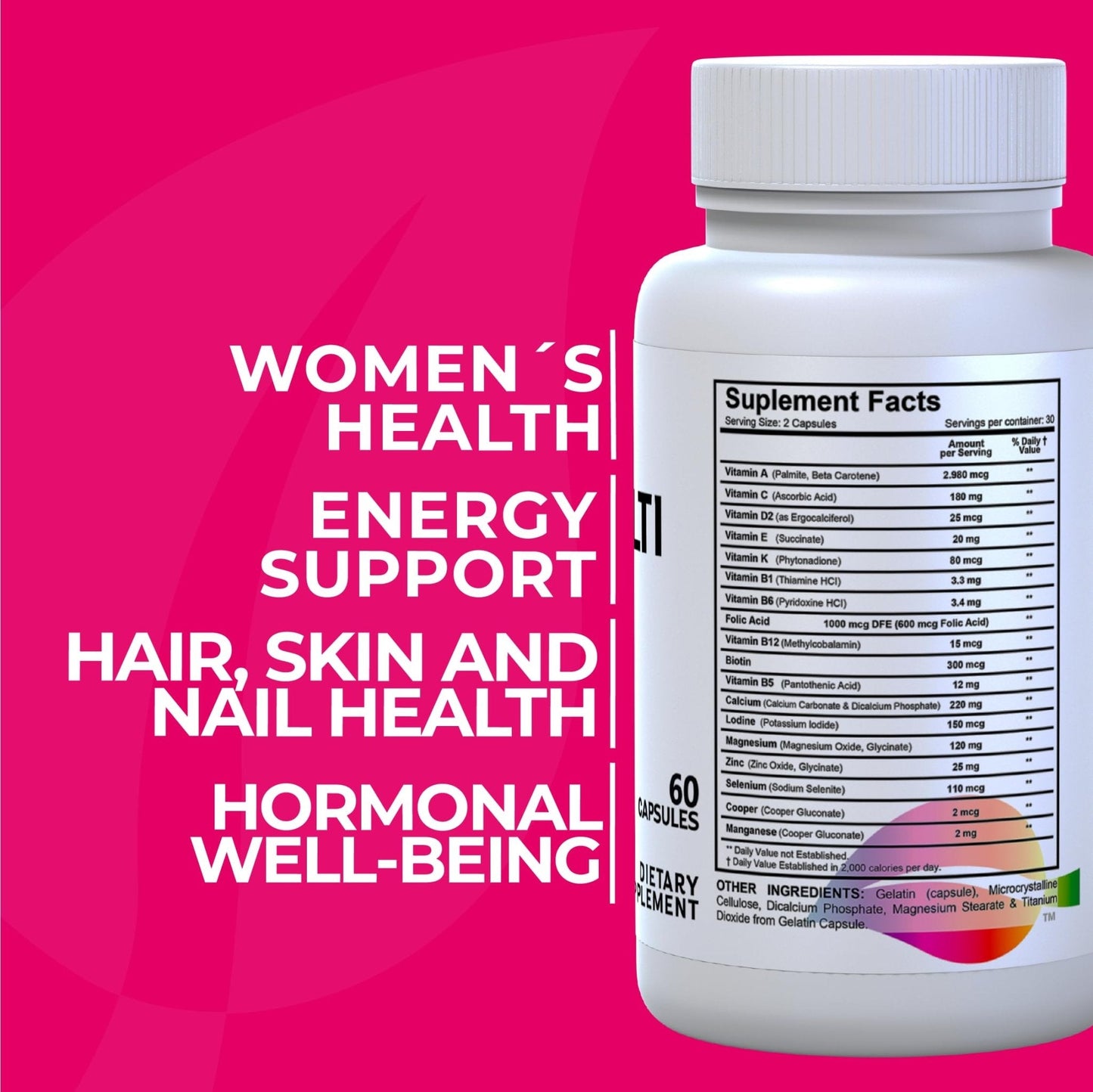 Women’s Multivitamin 18+ Vitamins & Minerals | Biotin, Folic Acid, Zinc, Calcium, Magnesium & Vitamin D | Hair, Skin & Nails Support, Energy - Maple Wellness Supplements