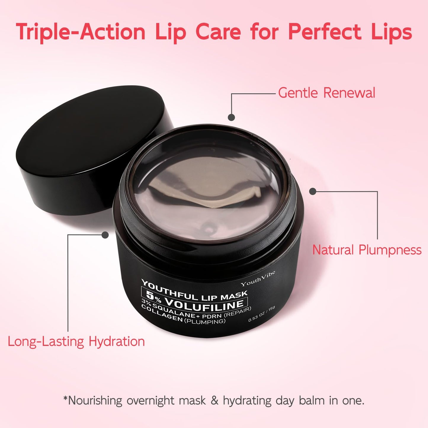 YouthVibe Lip Mask Overnight Moisturizing - Nourish & Hydrate, Antioxidants, 5% Volufiline - Maple Wellness Supplements