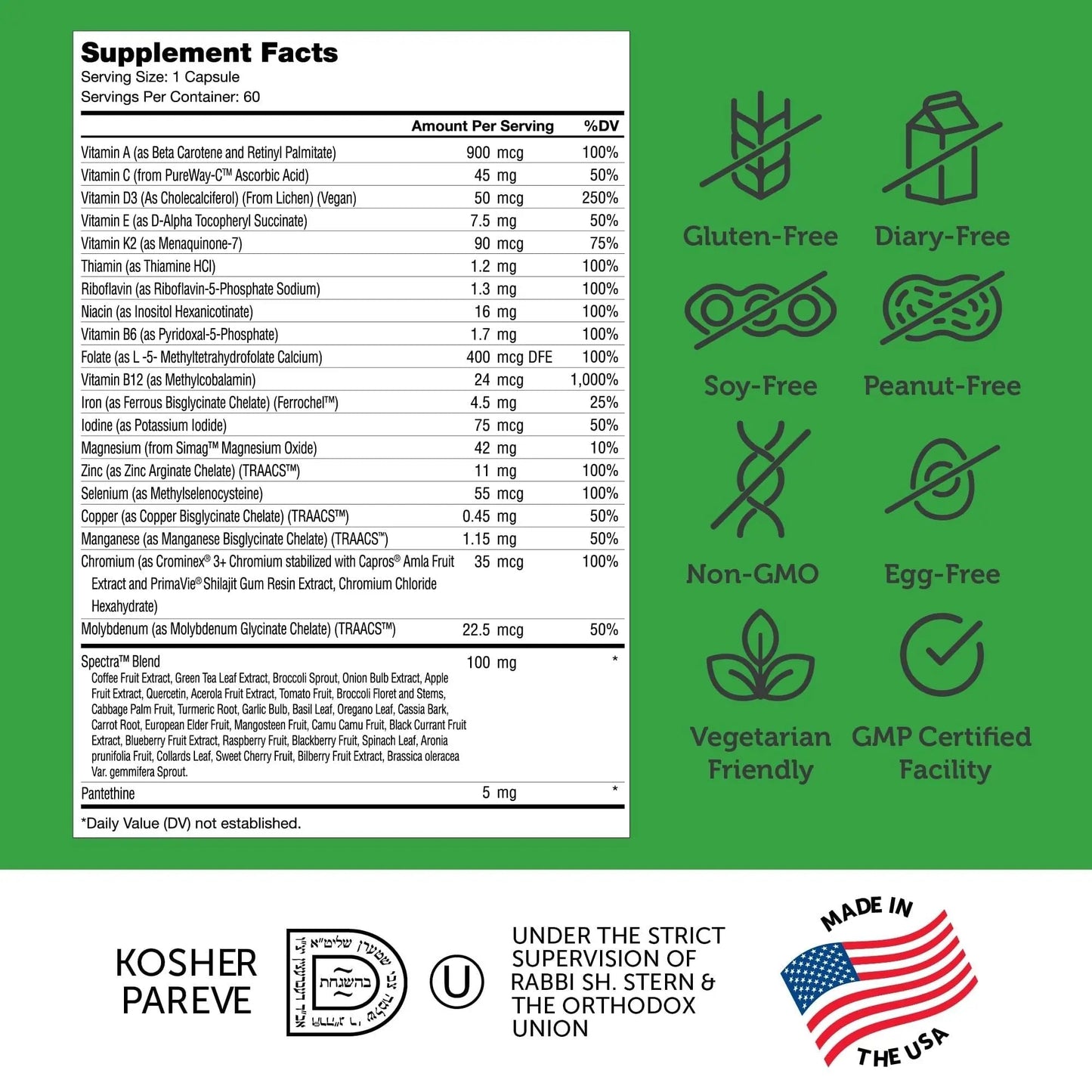 Zahler - One Daily Vegan Multivitamins for Women & Men (60 Count) Kosher Essential Vitamins & Minerals with Whole Food Spectra Blend - Maple Wellness Supplements