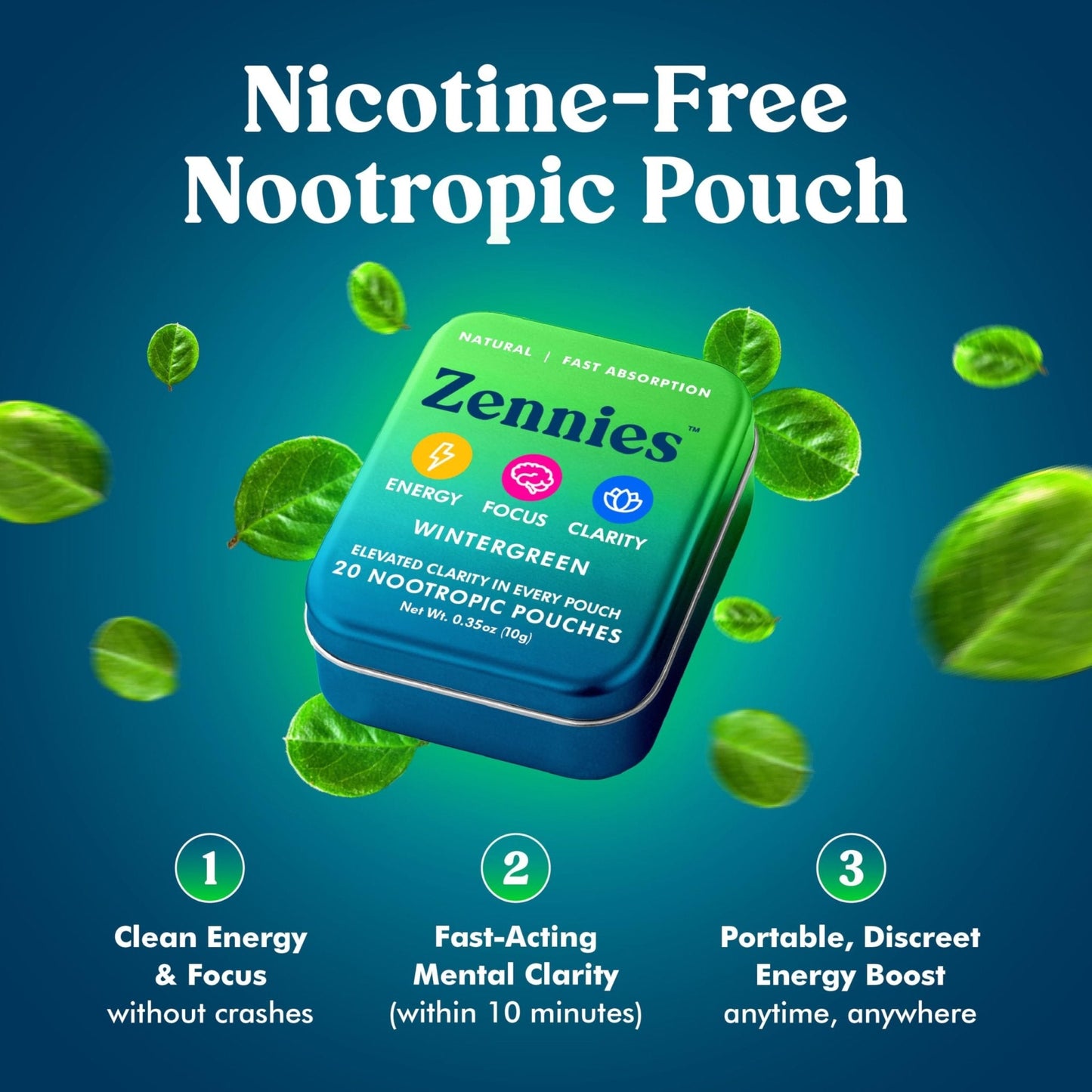 Zennies Caffeine Nootropic Pouches with Alpha GPC, L-Tyrosine & L-Theanine, Lion's Mane, Cordyceps, Reishi - Nicotine Free, No Sugar or Artificial Sweeteners Nootropic Energy Pouches, Wintergreen 1 PK - Maple Wellness Supplements