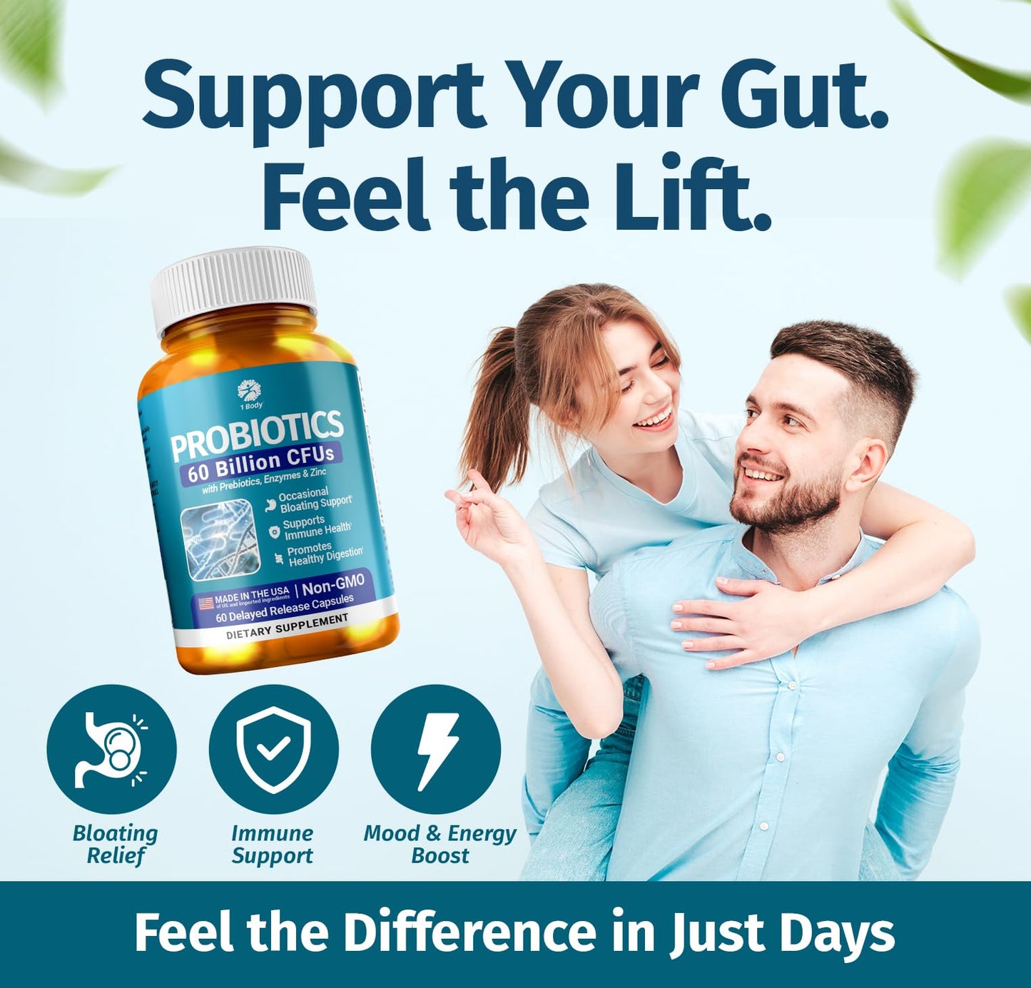 1 Body Probiotic 60 Billion for Men & Women, Gut Health Support with Prebiotics, Digestive Enzymes, Zinc & L-Glutamine, Non-GMO, 60 Vegan Capsules - Maple Wellness Supplements