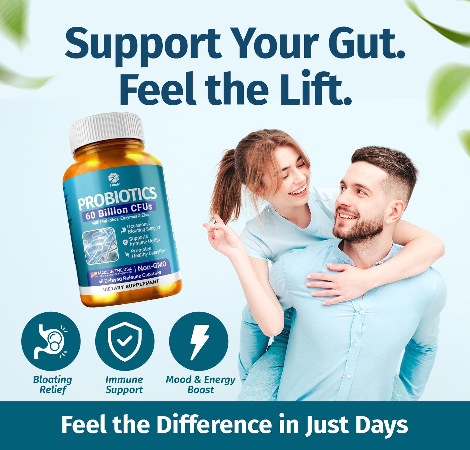 1 Body Probiotic 60 Billion for Men & Women, Gut Health Support with Prebiotics, Digestive Enzymes, Zinc & L-Glutamine, Non-GMO, 60 Vegan Capsules - Maple Wellness Supplements