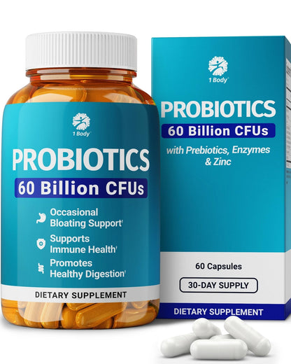 1 Body Probiotic 60 Billion for Men & Women, Gut Health Support with Prebiotics, Digestive Enzymes, Zinc & L-Glutamine, Non-GMO, 60 Vegan Capsules - Maple Wellness Supplements