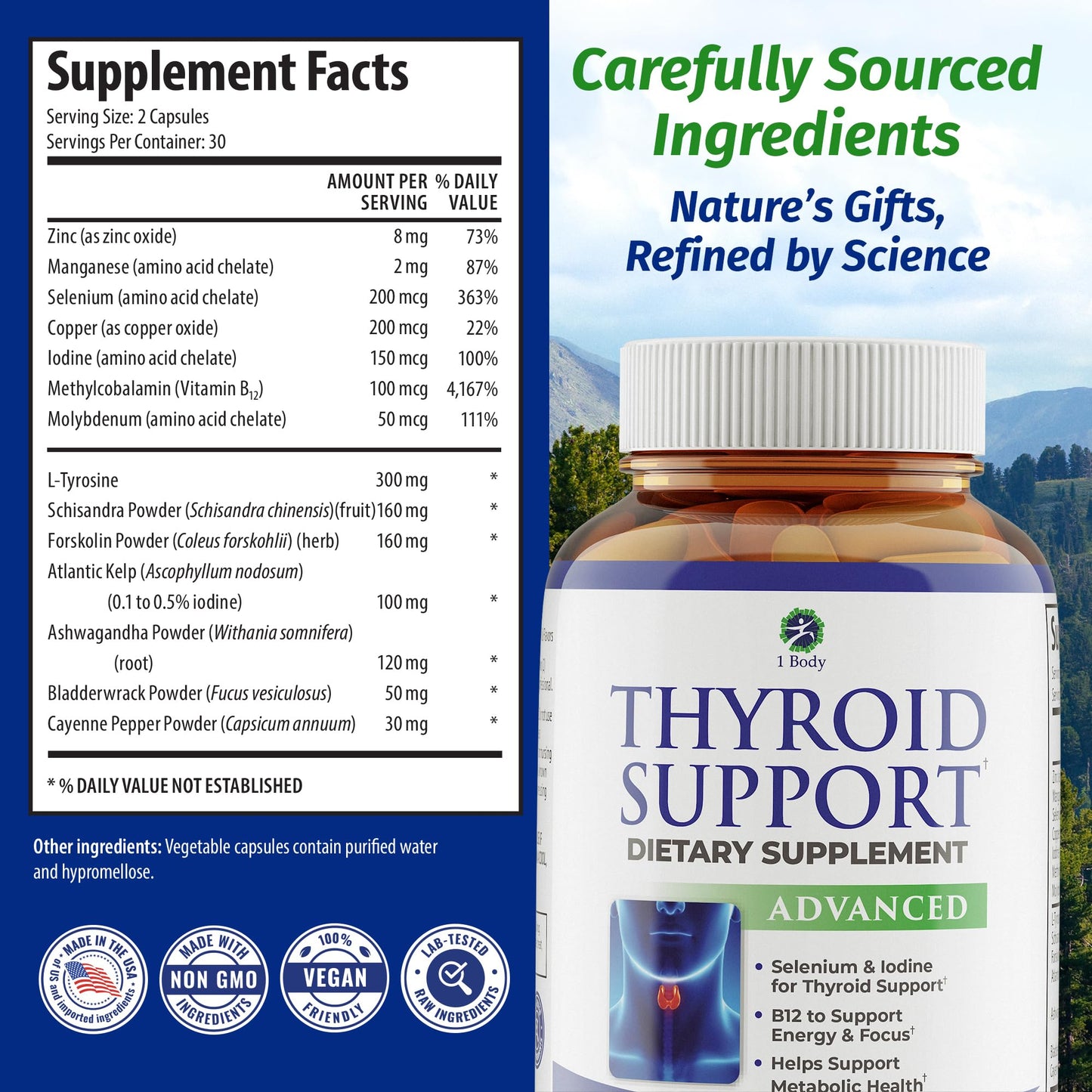 1 Body Thyroid Support Supplement for Women and Men, Selenium with Iodine, Zinc, B12, Ashwagandha and L-Tyrosine, Supports Hormone Health, Energy and Metabolism, 30 Day Supply - Maple Wellness Supplements