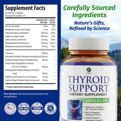 1 Body Thyroid Support Supplement for Women and Men, Selenium with Iodine, Zinc, B12, Ashwagandha and L-Tyrosine, Supports Hormone Health, Energy and Metabolism, 30 Day Supply - Maple Wellness Supplements