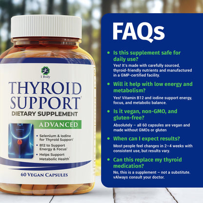 1 Body Thyroid Support Supplement for Women and Men, Selenium with Iodine, Zinc, B12, Ashwagandha and L-Tyrosine, Supports Hormone Health, Energy and Metabolism, 30 Day Supply - Maple Wellness Supplements