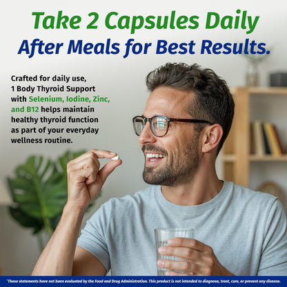 1 Body Thyroid Support Supplement for Women and Men, Selenium with Iodine, Zinc, B12, Ashwagandha and L-Tyrosine, Supports Hormone Health, Energy and Metabolism, 30 Day Supply - Maple Wellness Supplements