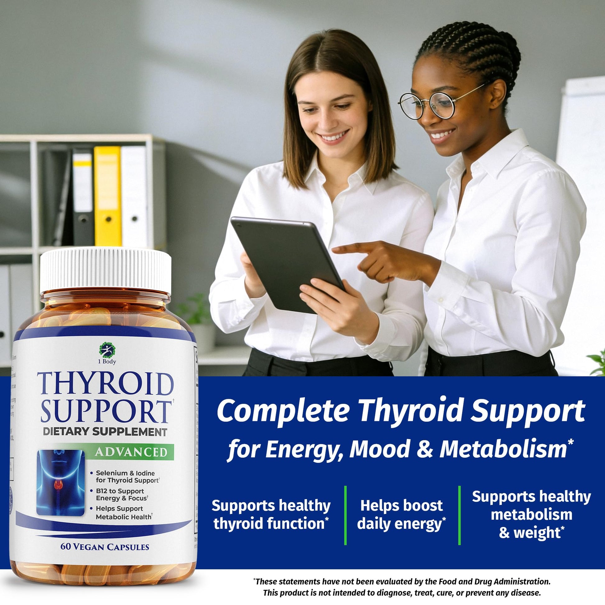 1 Body Thyroid Support Supplement for Women and Men, Selenium with Iodine, Zinc, B12, Ashwagandha and L-Tyrosine, Supports Hormone Health, Energy and Metabolism, 30 Day Supply - Maple Wellness Supplements